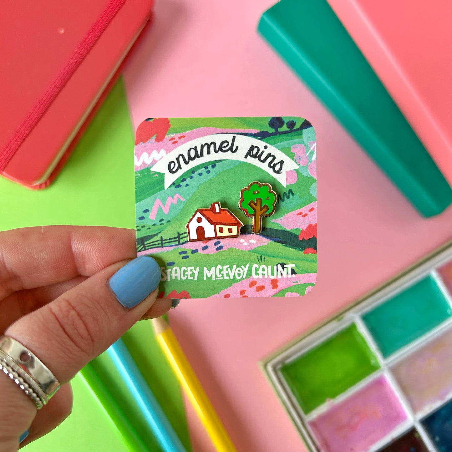 Tiny Tree and House Enamel Pin Set