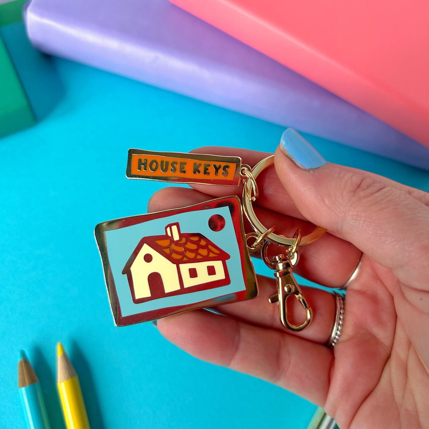 Blue House Keys Keyring