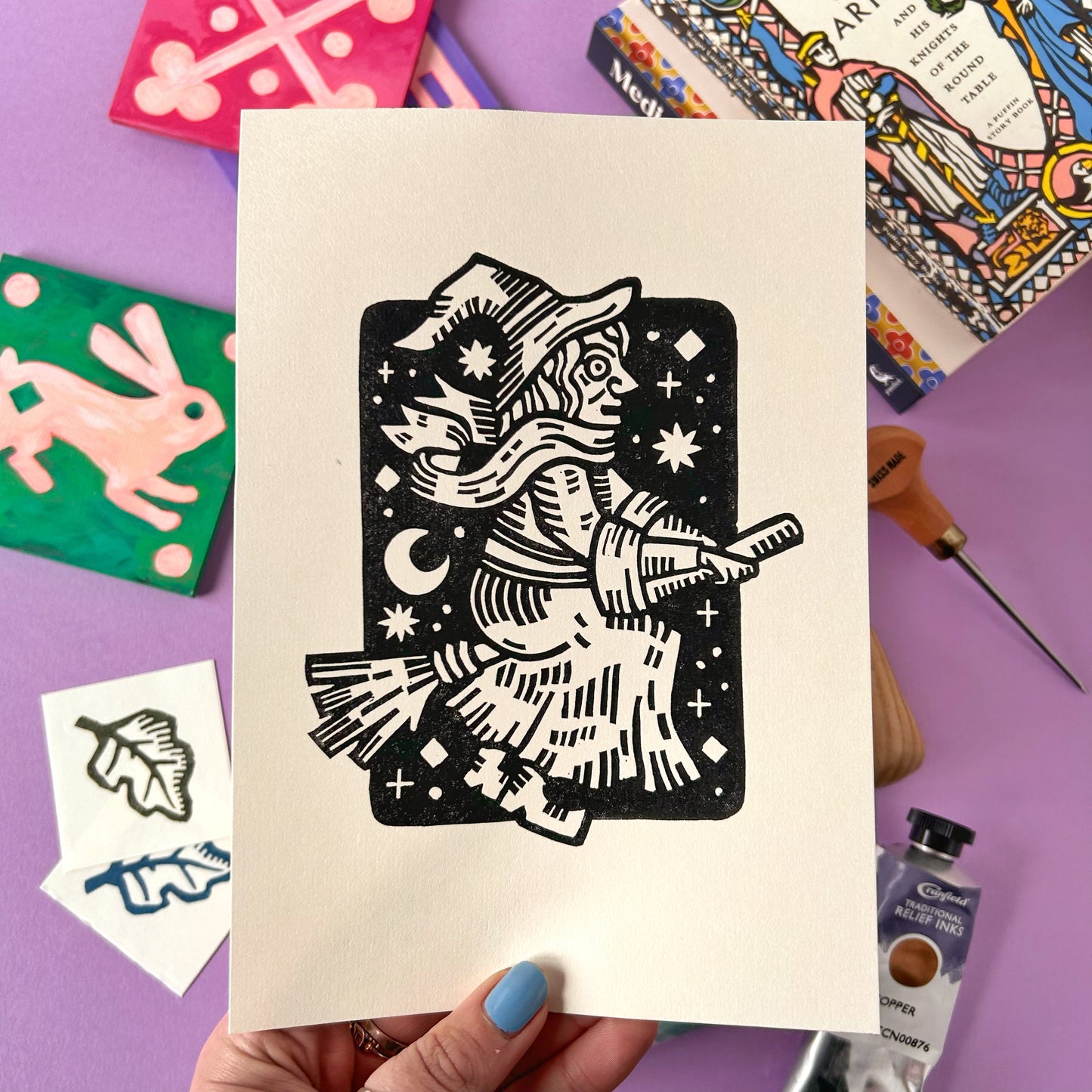 Witch on a Broomstick Lino Print