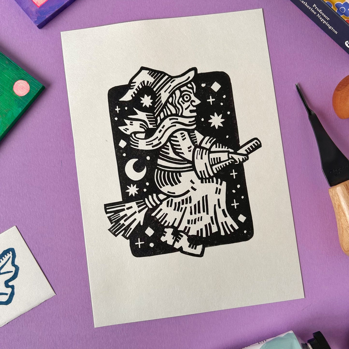 Witch on a Broomstick Lino Print