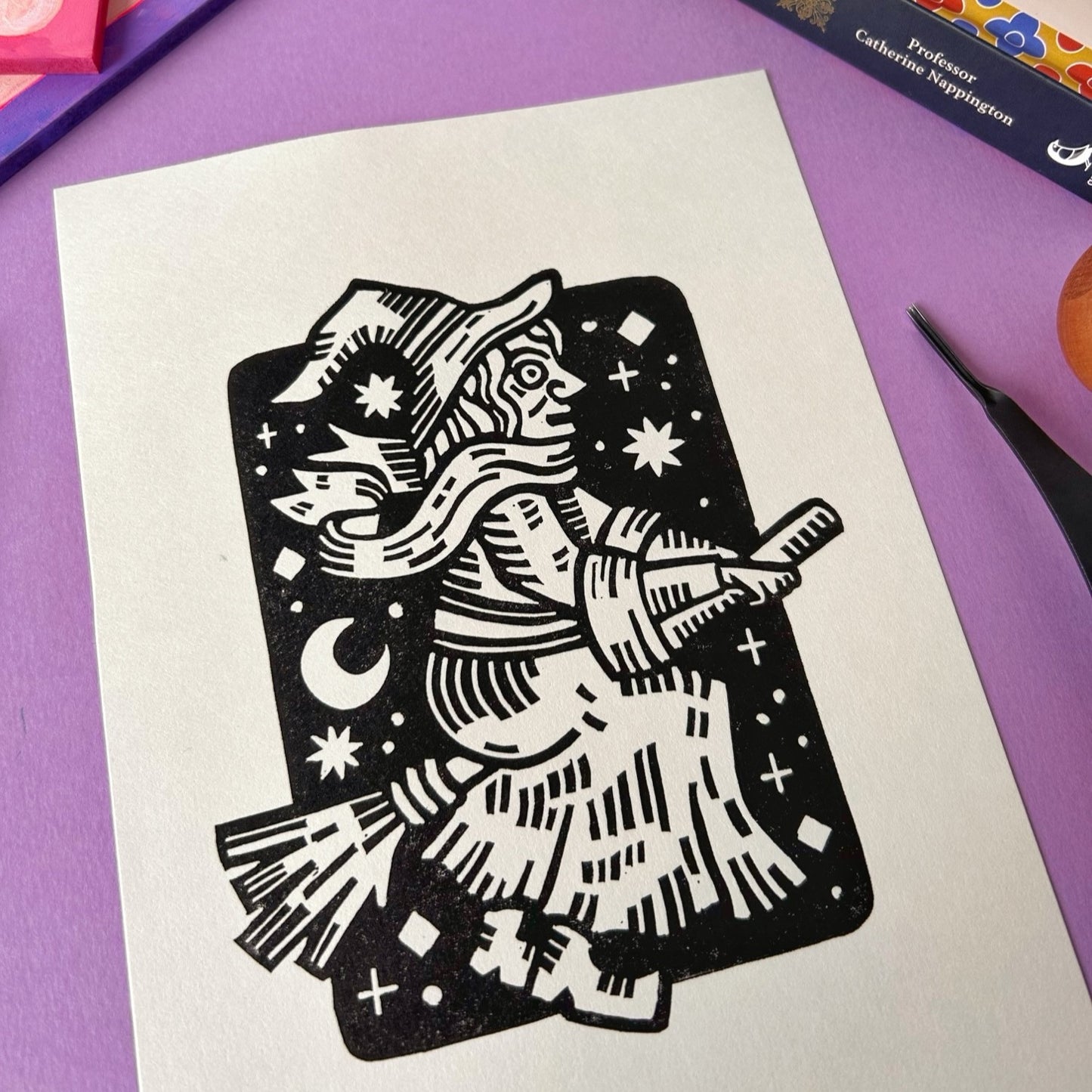 Witch on a Broomstick Lino Print
