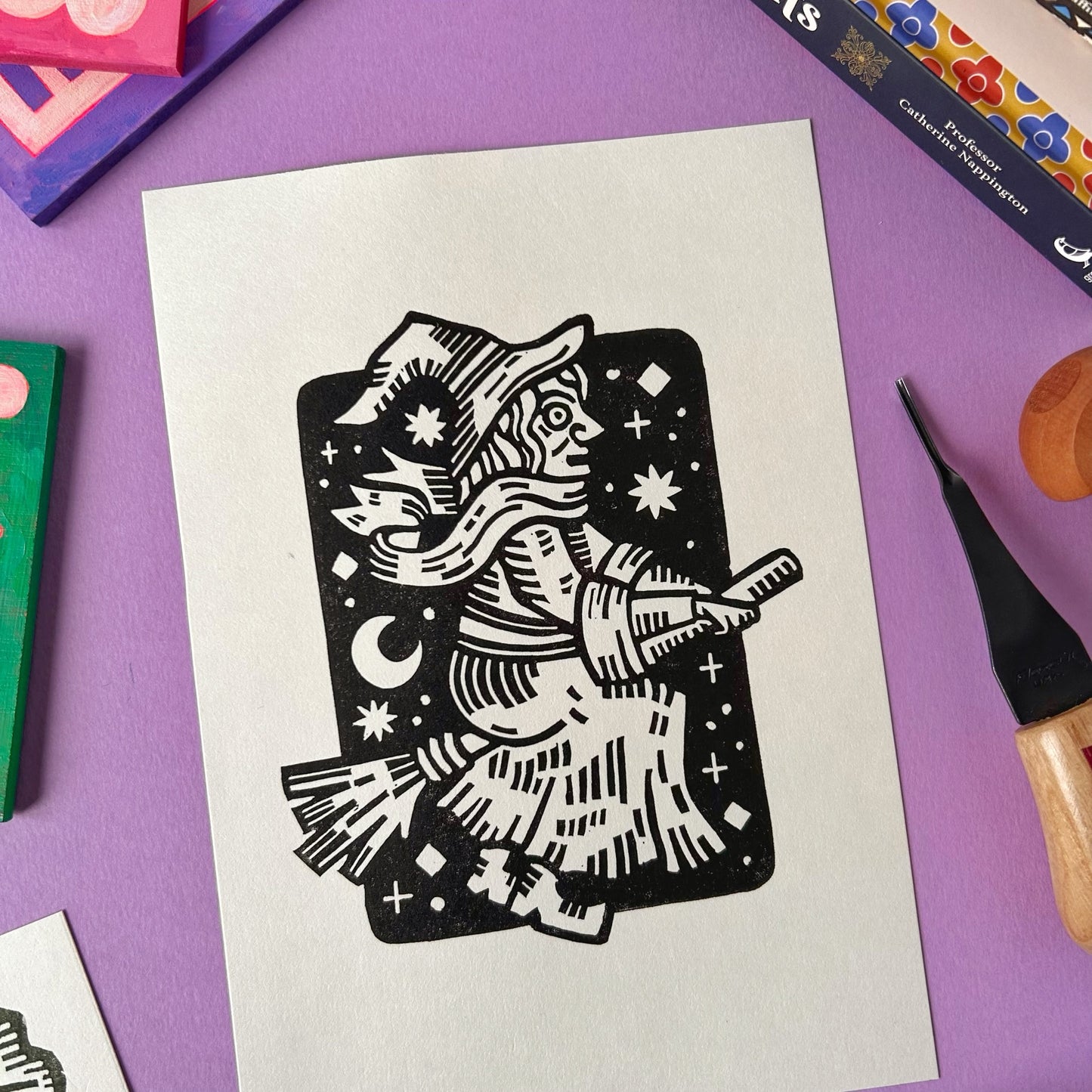 Witch on a Broomstick Lino Print