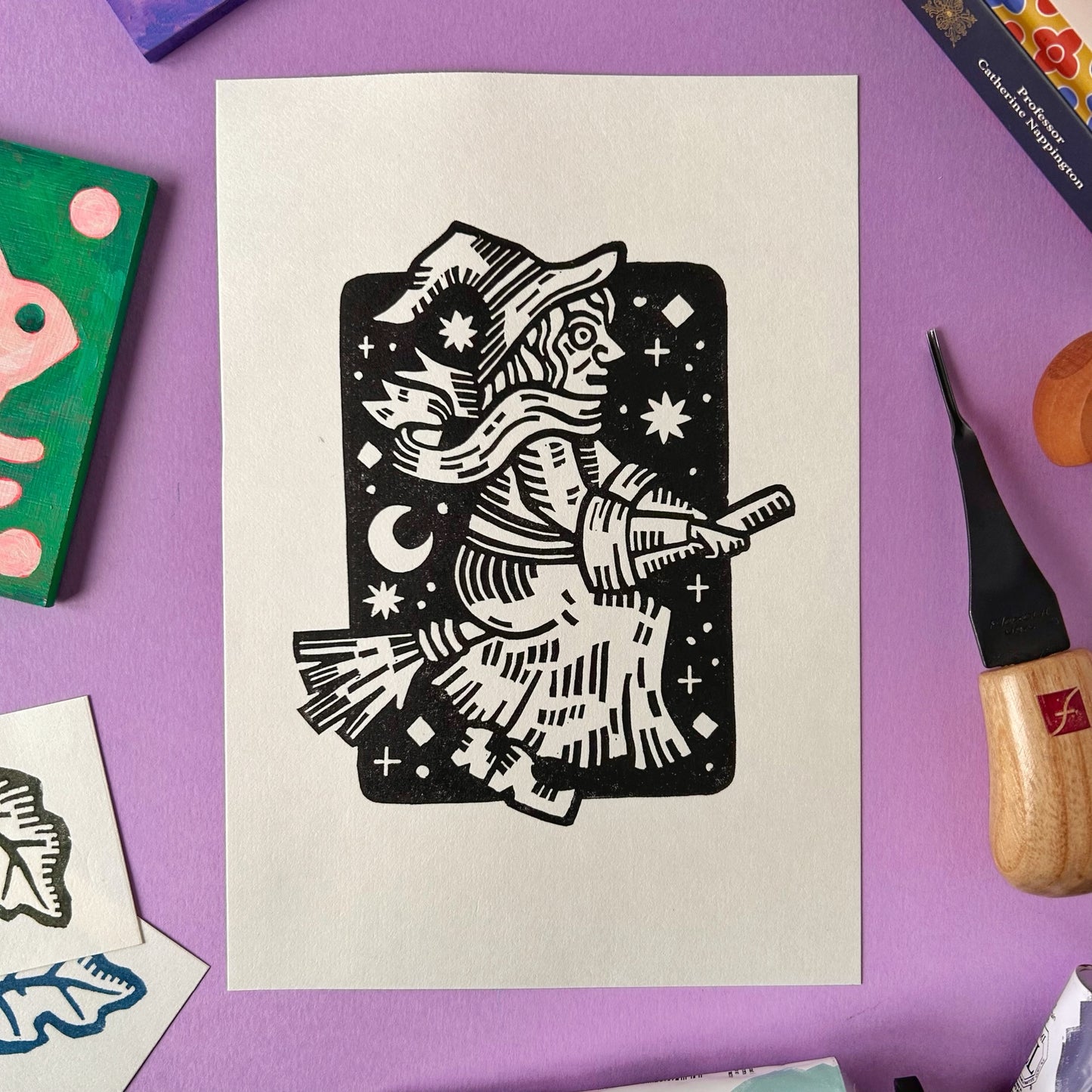 Witch on a Broomstick Lino Print