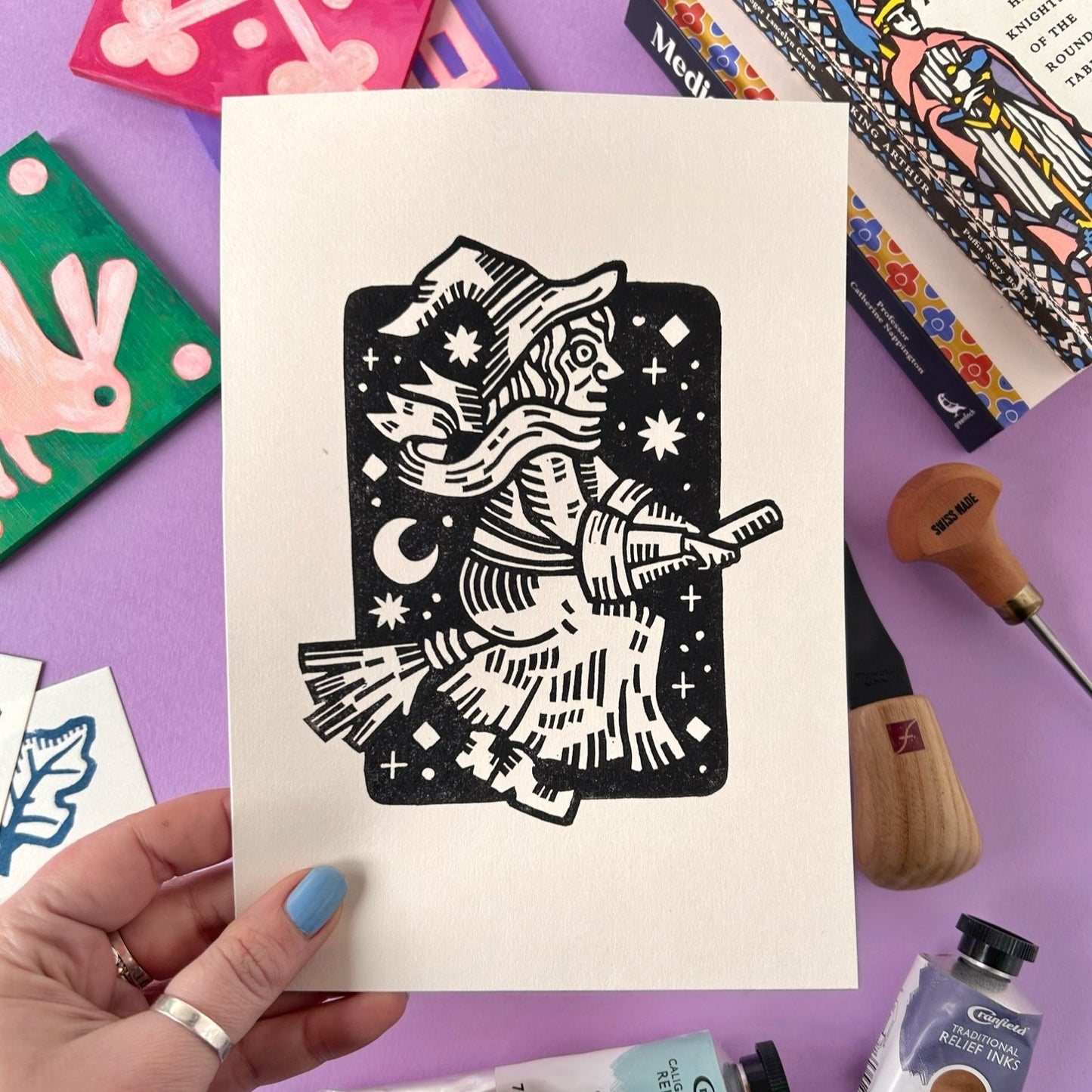 Witch on a Broomstick Lino Print