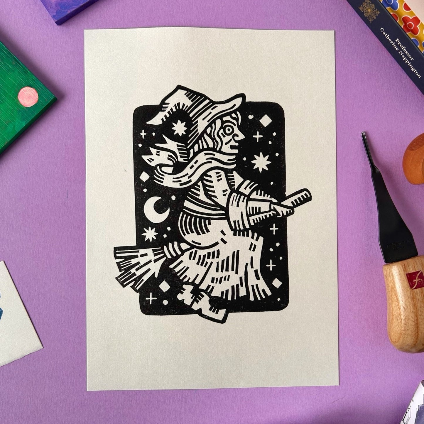 Witch on a Broomstick Lino Print