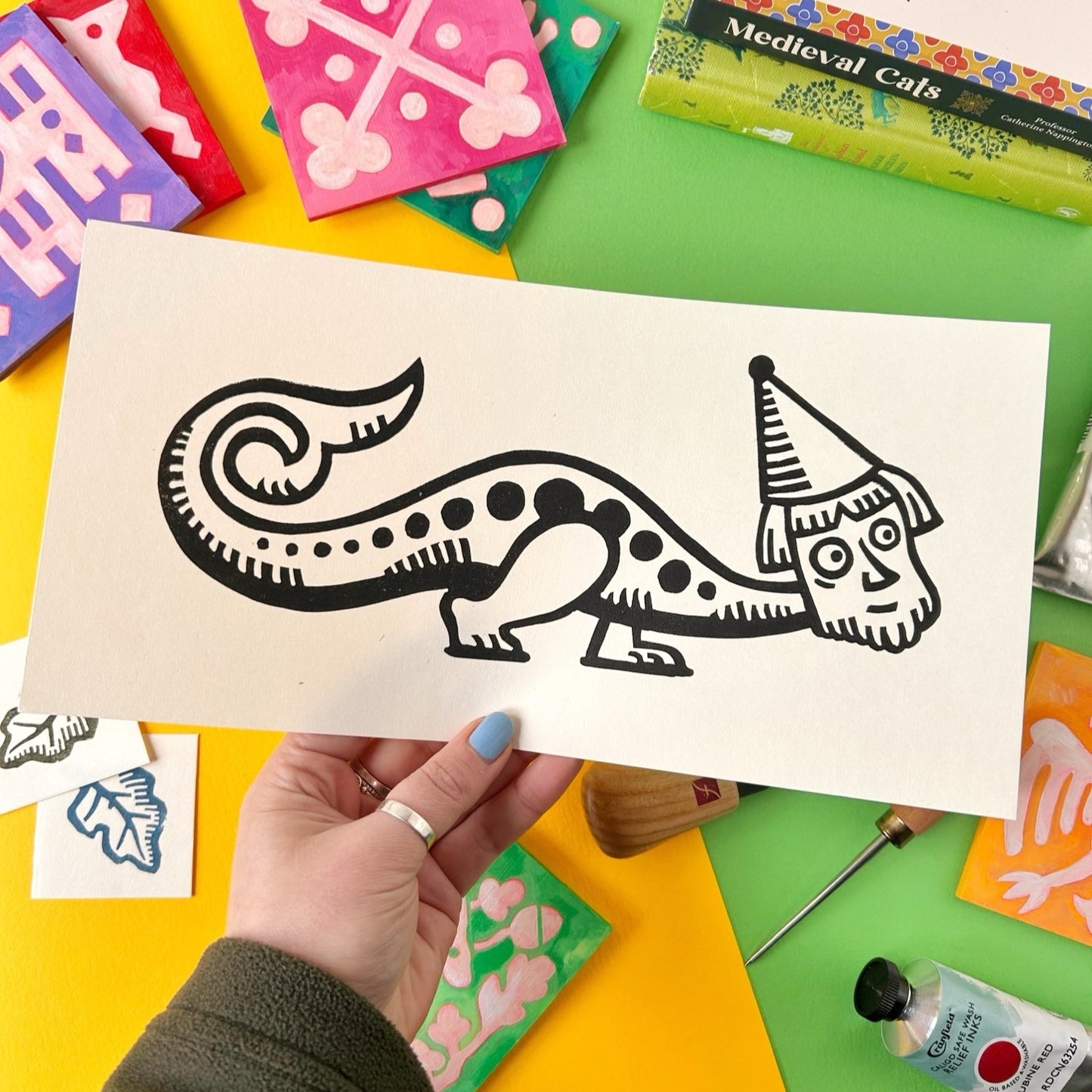 Weird Medieval Wizard Lino Print
