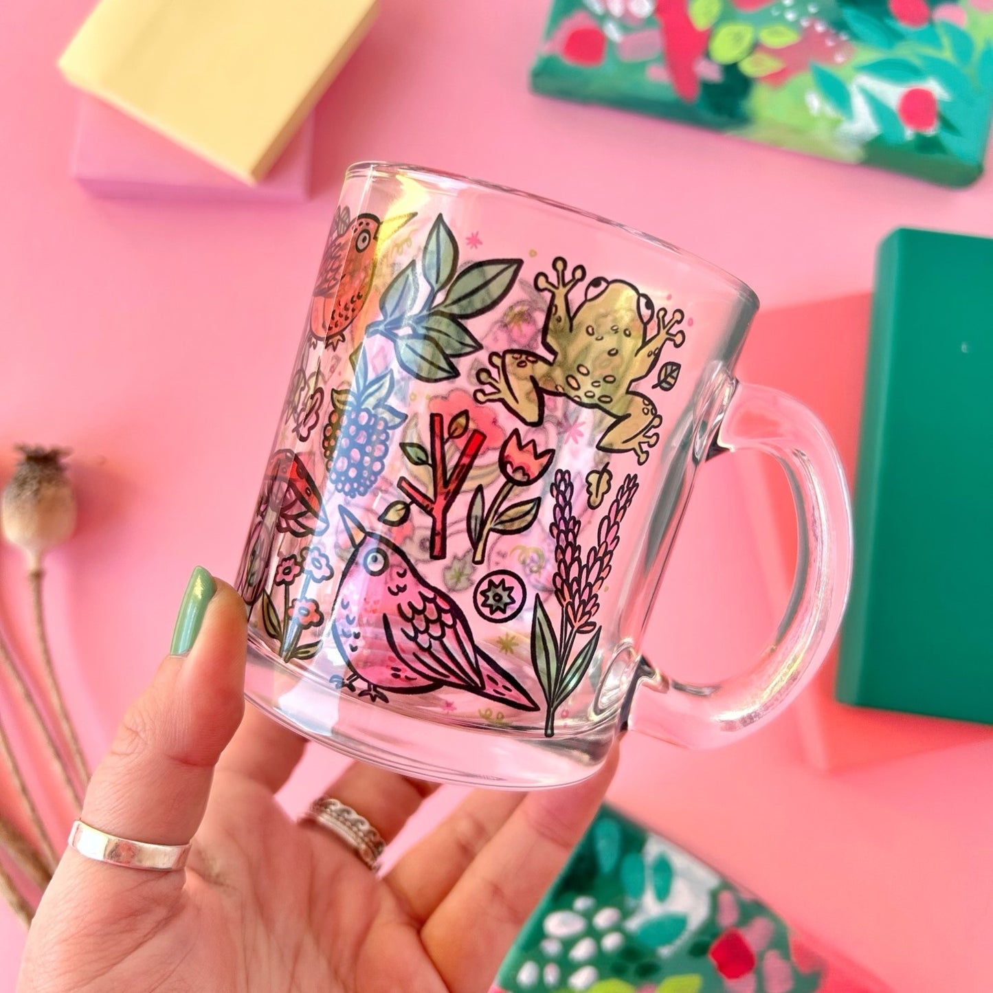 Birds and Frog Glass Mug