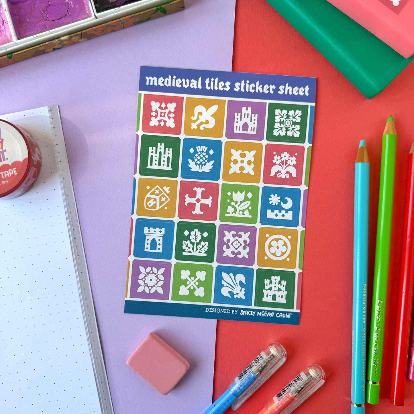 Medieval Tiles A6 Vinyl Sticker Sheet - Autumn Colours