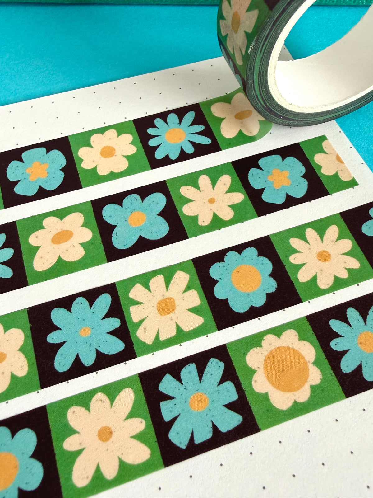 Blue and White Flower Grid Washi Tape