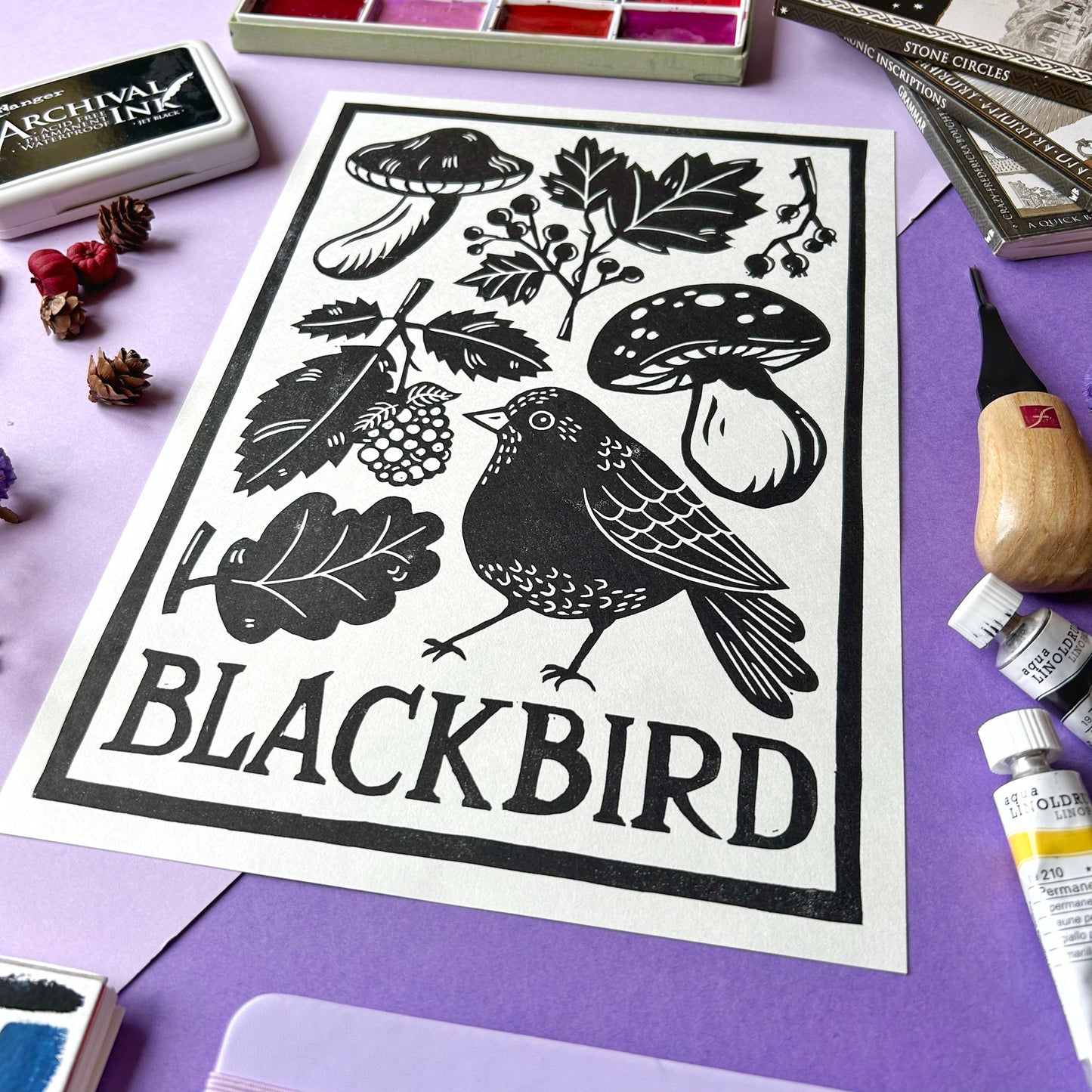 Blackbird Lino Print