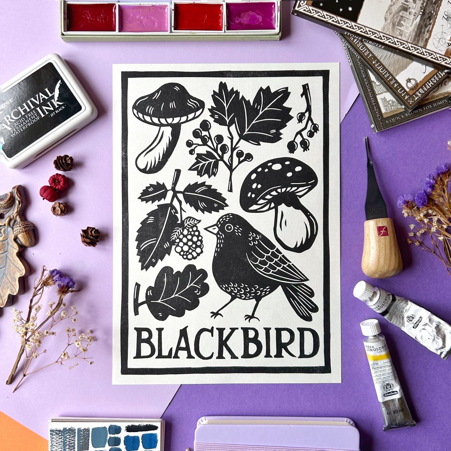 Blackbird Lino Print