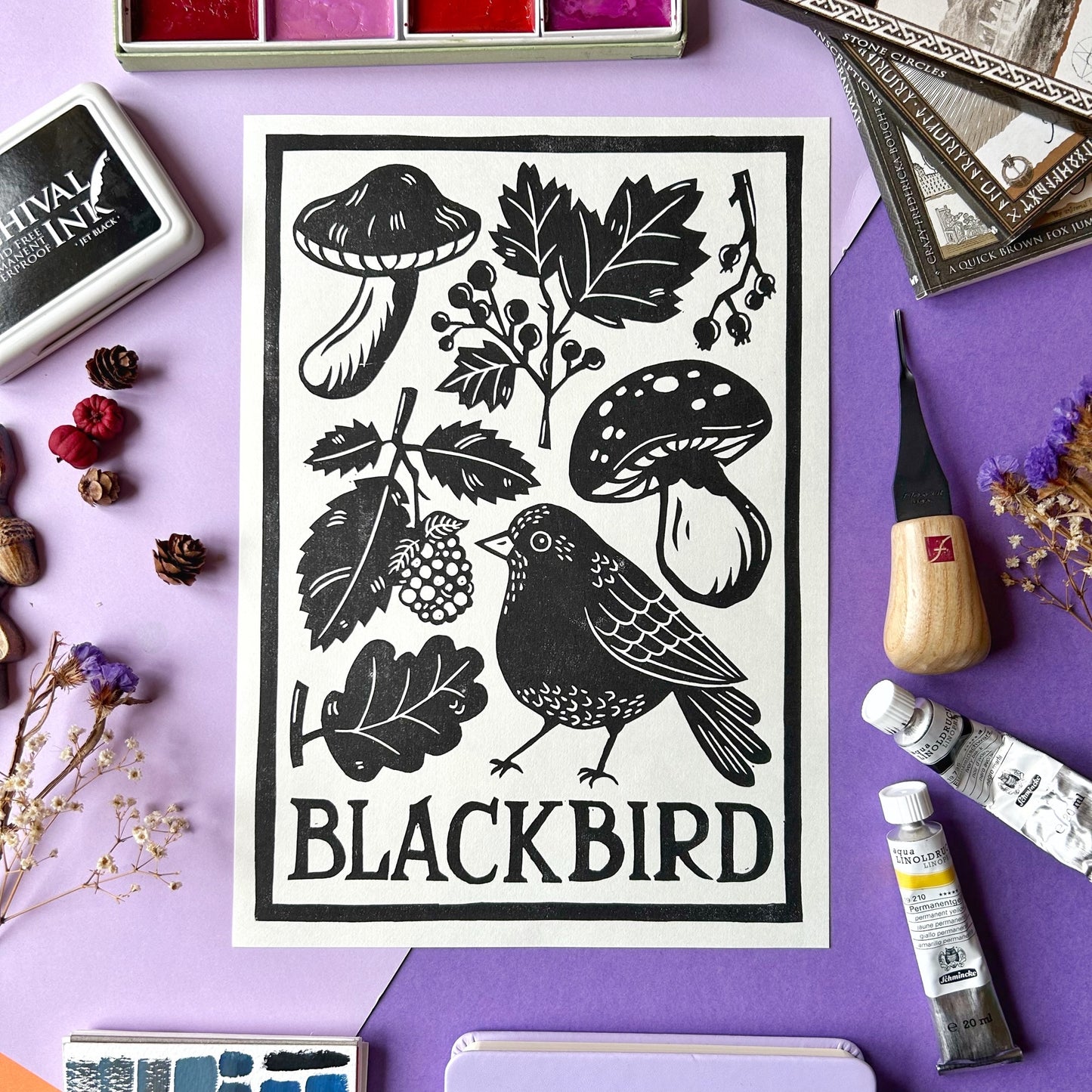 Blackbird Lino Print