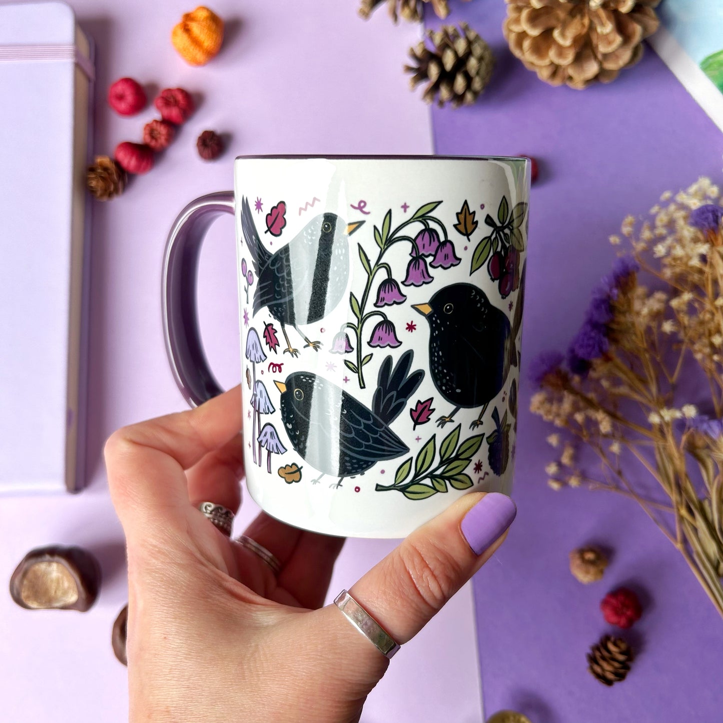 Blackbird and Mushrooms Purple Mug