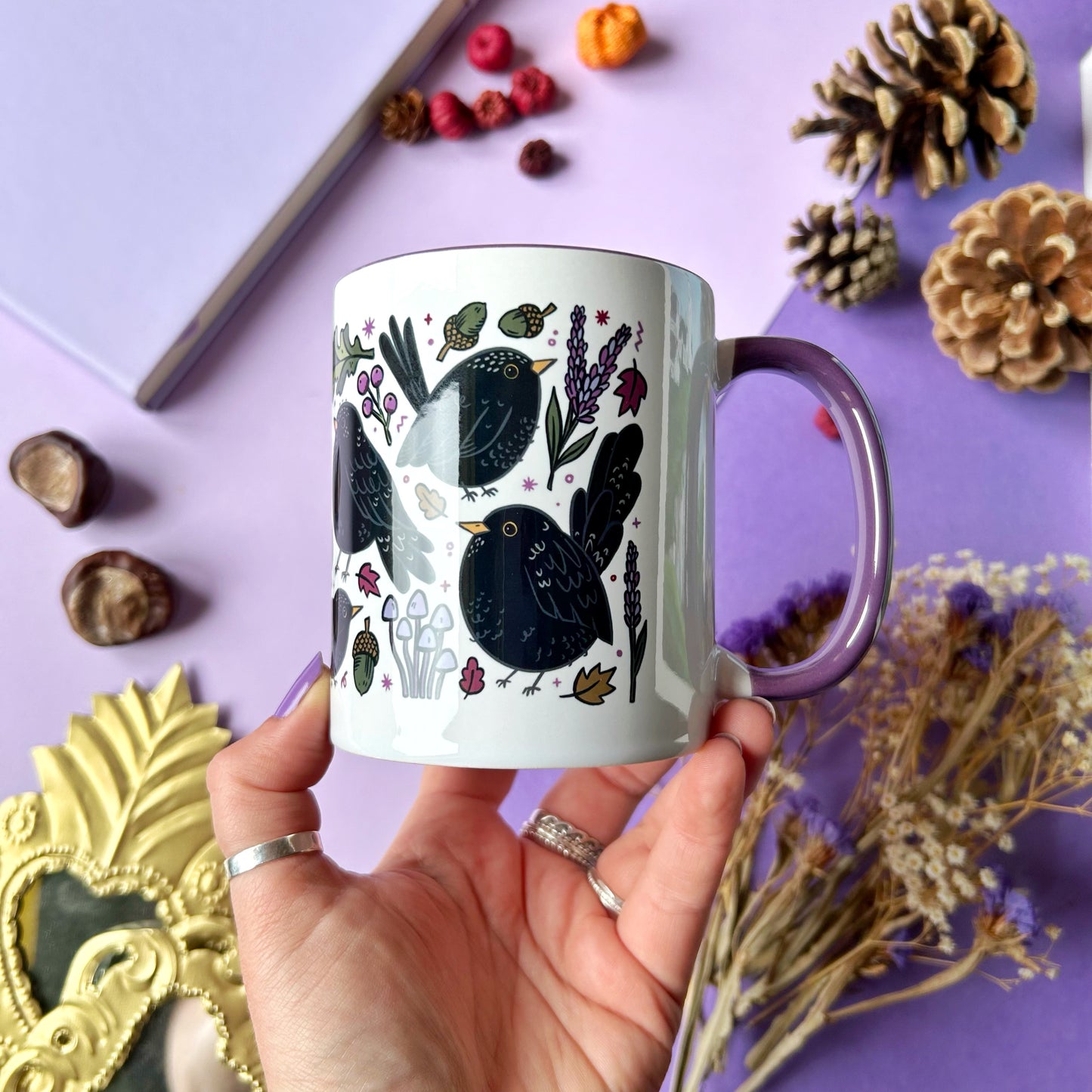 Blackbird and Mushrooms Purple Mug