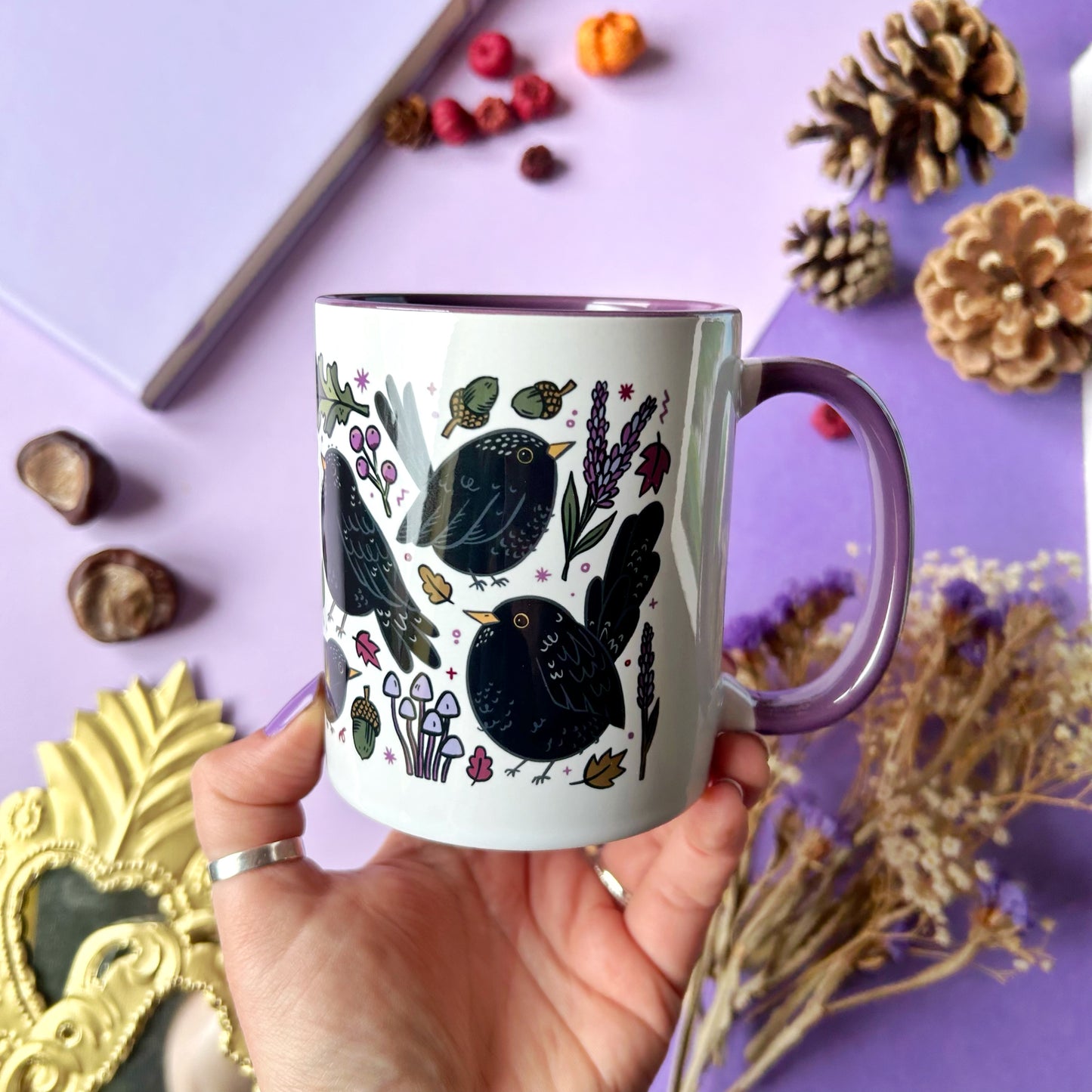 Blackbird and Mushrooms Purple Mug