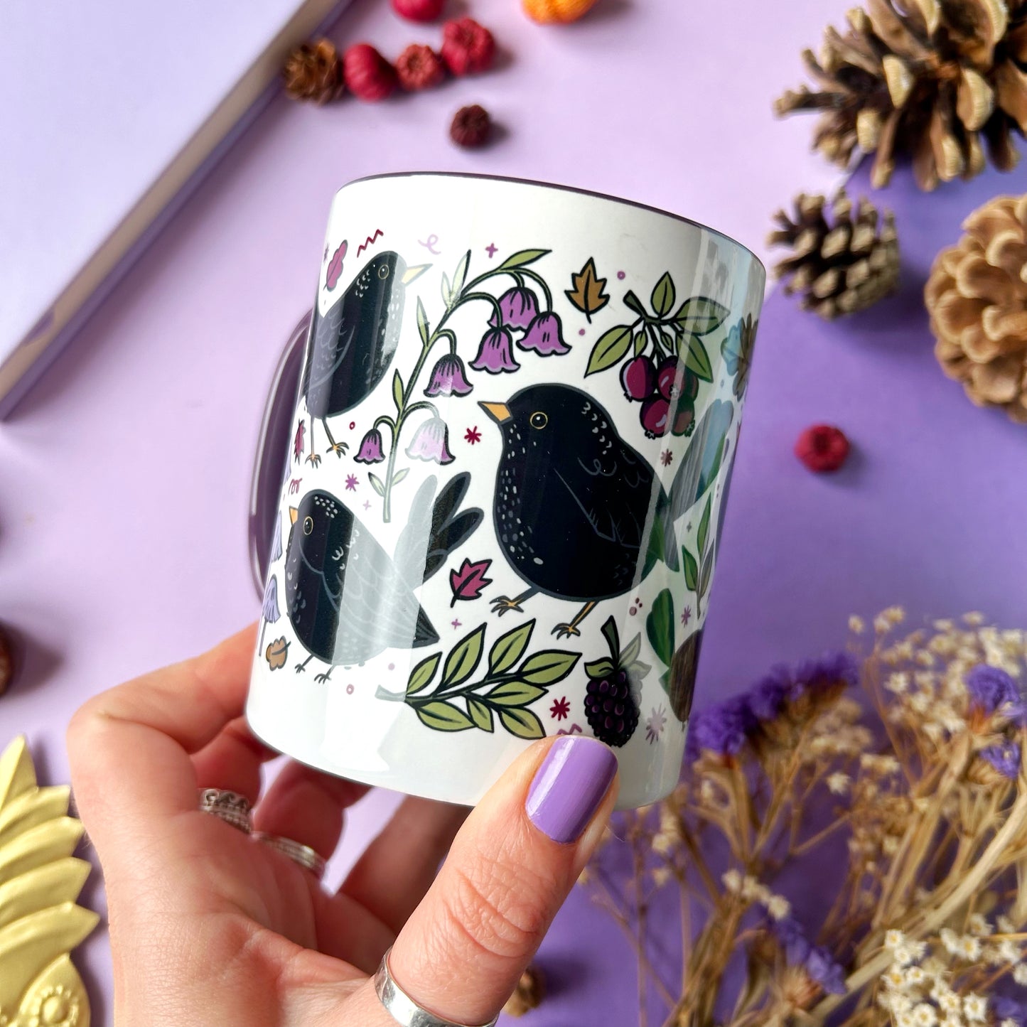 Blackbird and Mushrooms Purple Mug