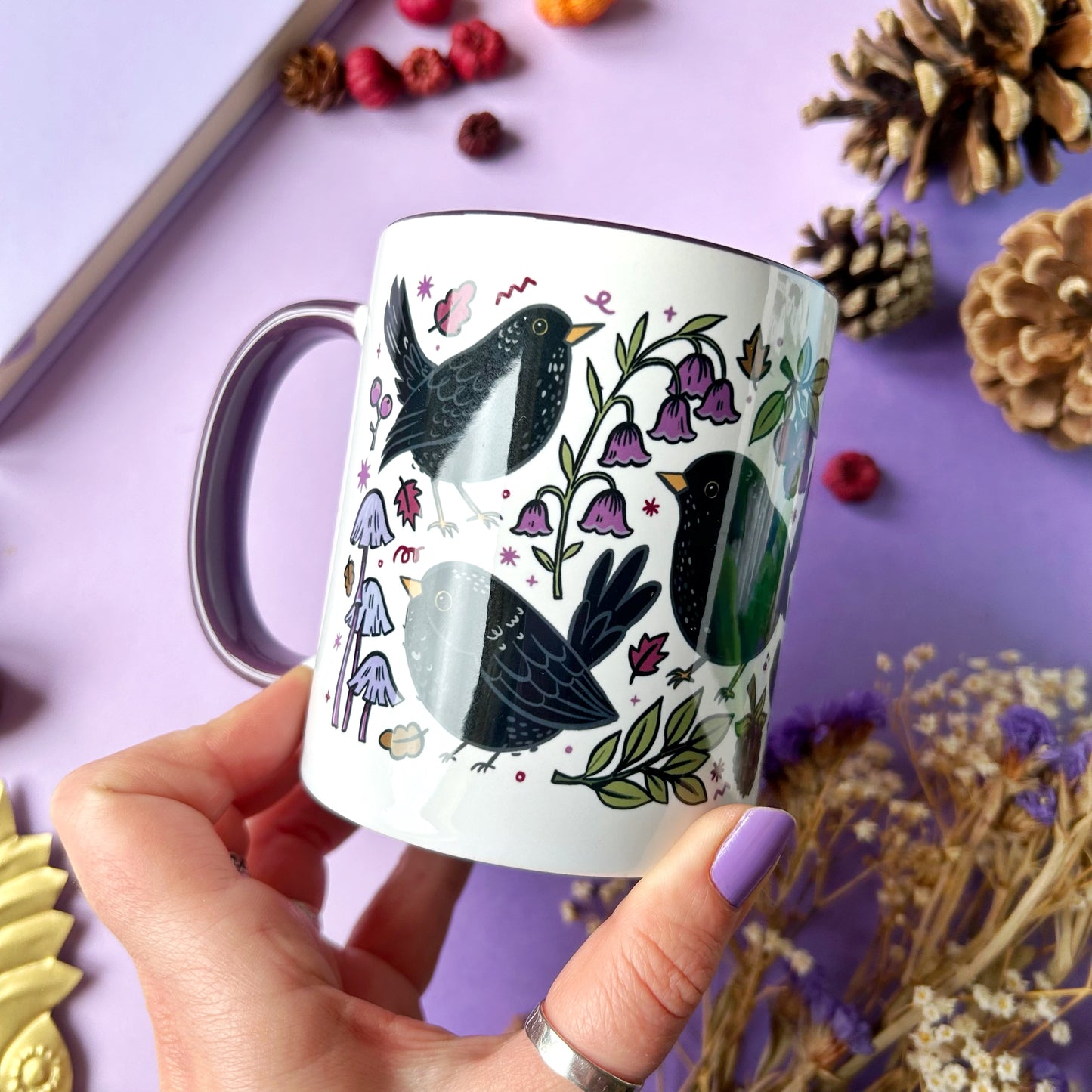 Blackbird and Mushrooms Purple Mug