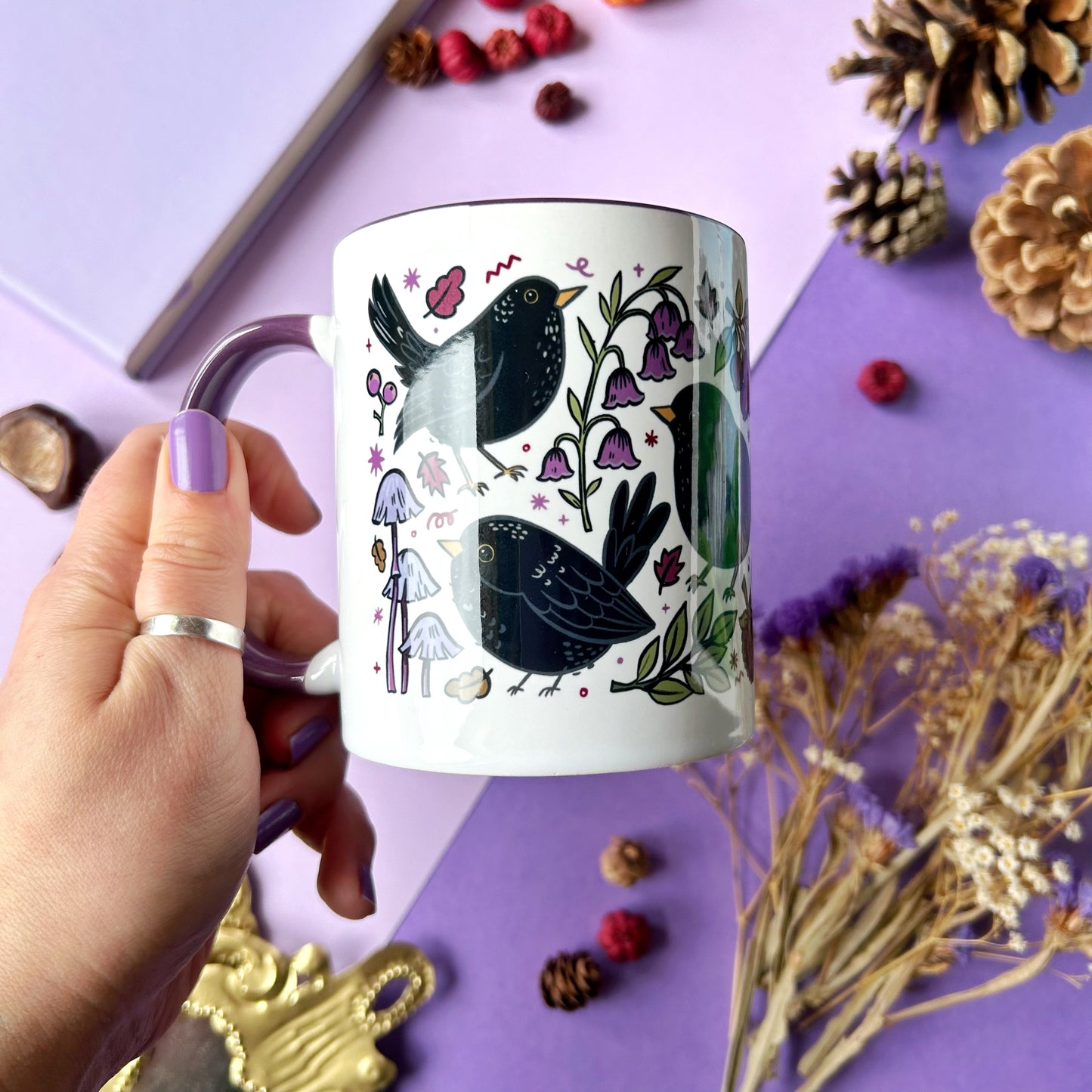 Blackbird and Mushrooms Purple Mug