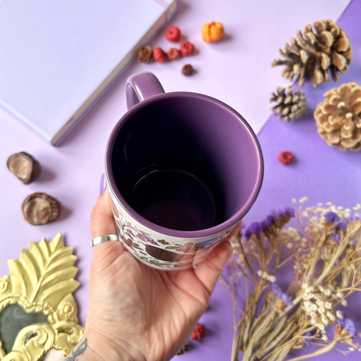 Blackbird and Mushrooms Purple Mug