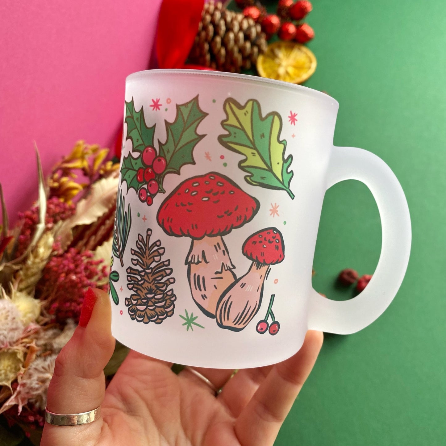 Christmas Mushrooms Frosted Glass Mug