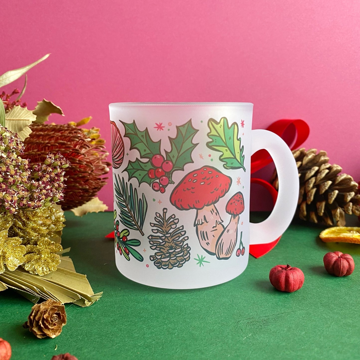 Christmas Mushrooms Frosted Glass Mug