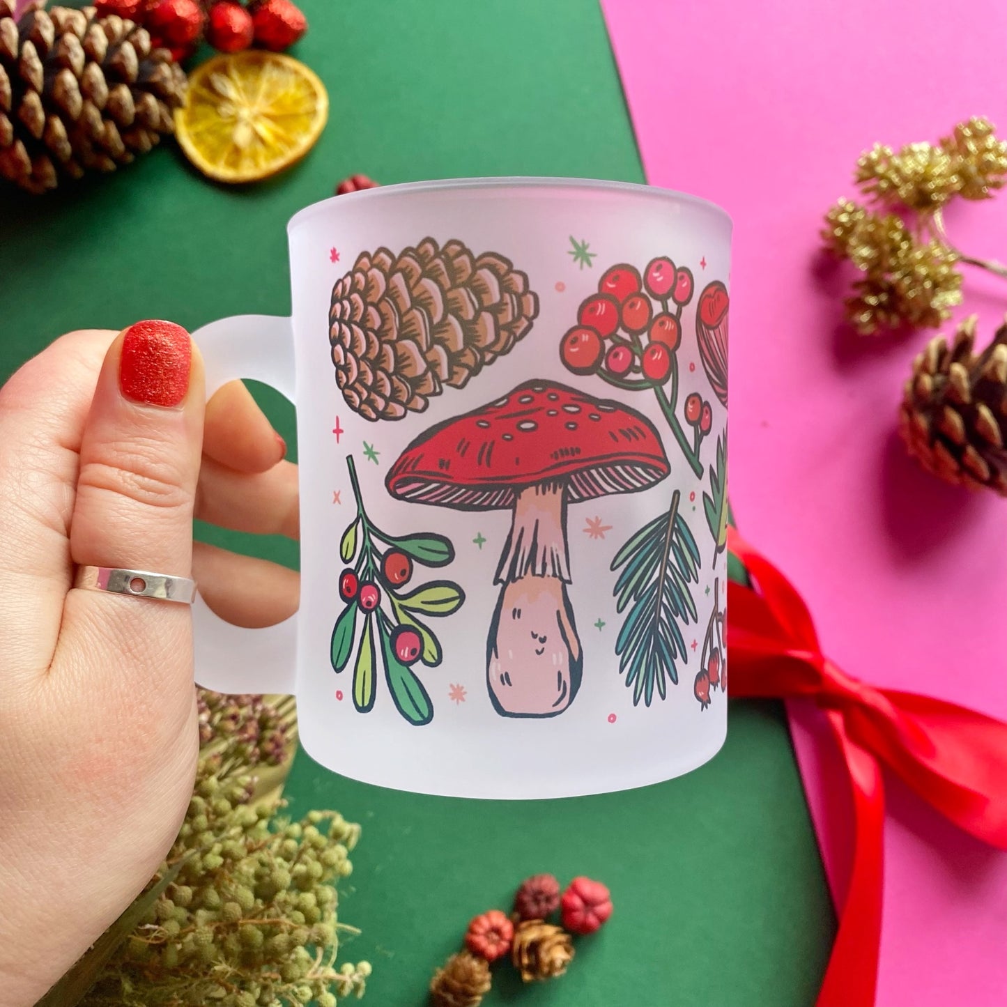 Christmas Mushrooms Frosted Glass Mug