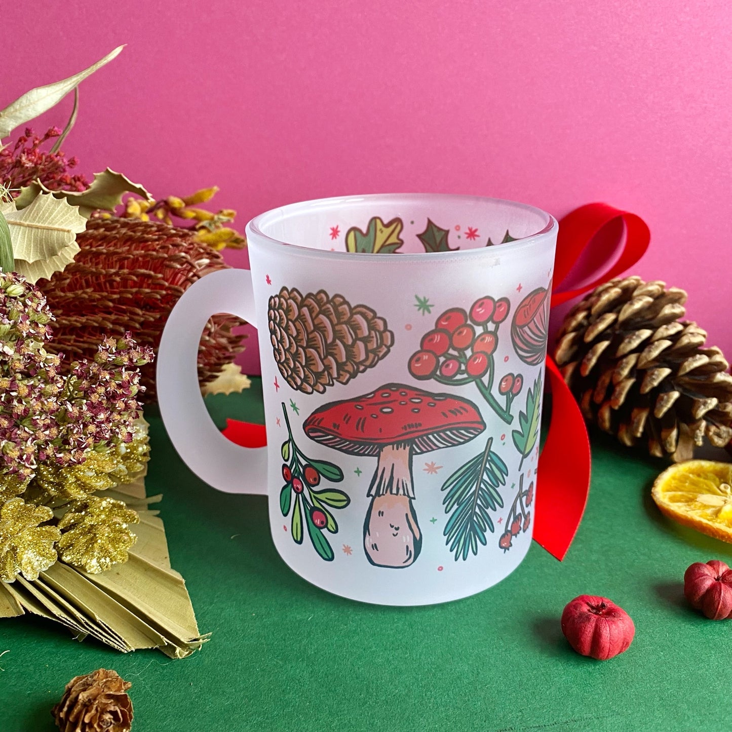 Christmas Mushrooms Frosted Glass Mug