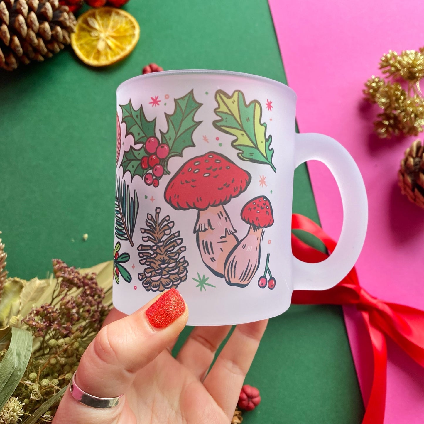 Christmas Mushrooms Frosted Glass Mug