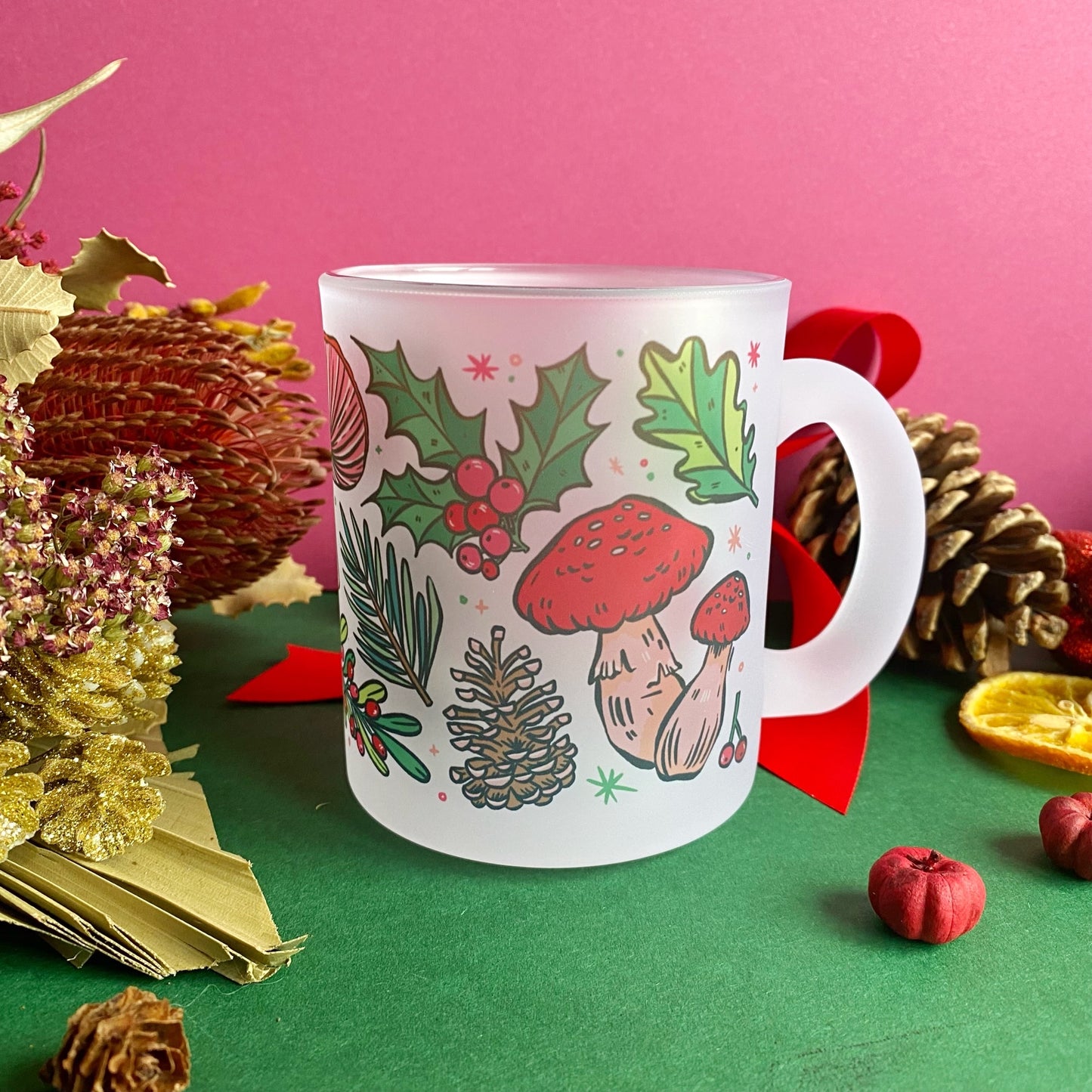 Christmas Mushrooms Frosted Glass Mug