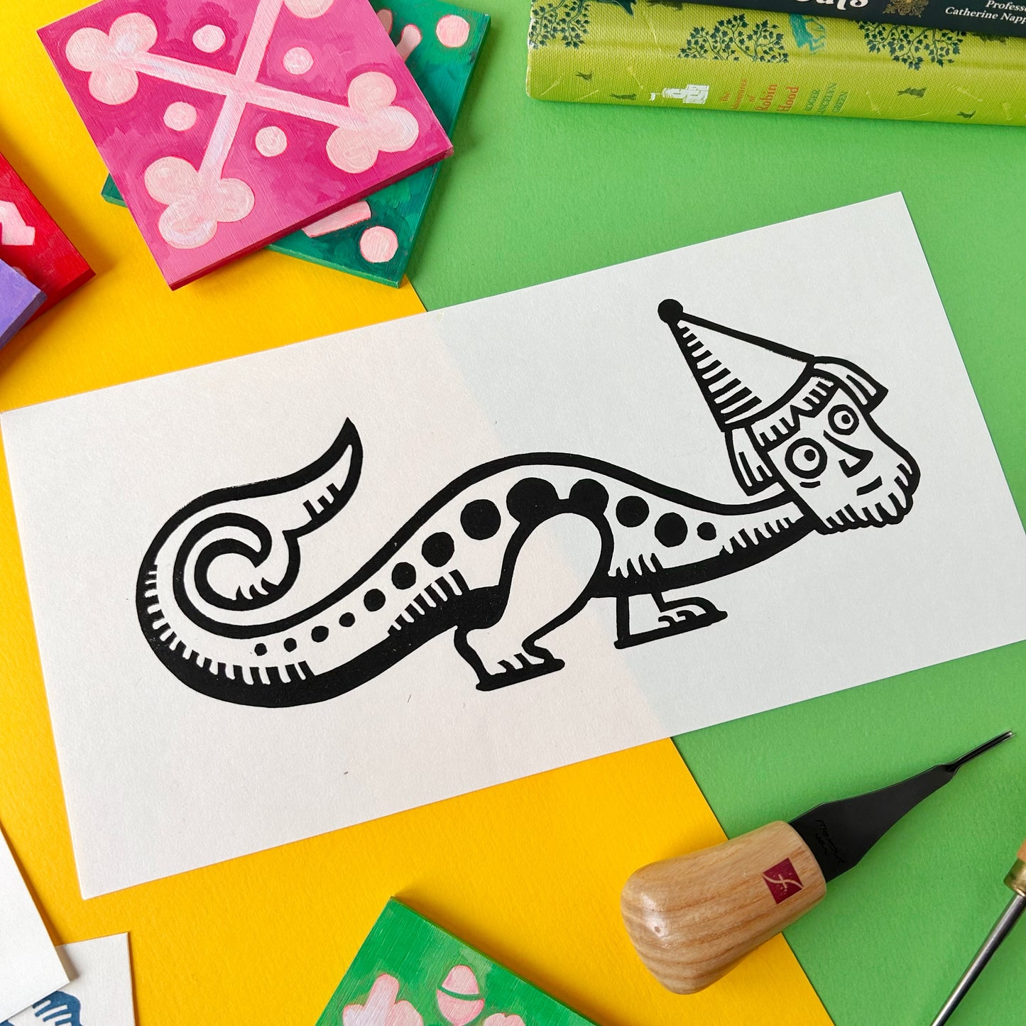Weird Medieval Wizard Lino Print