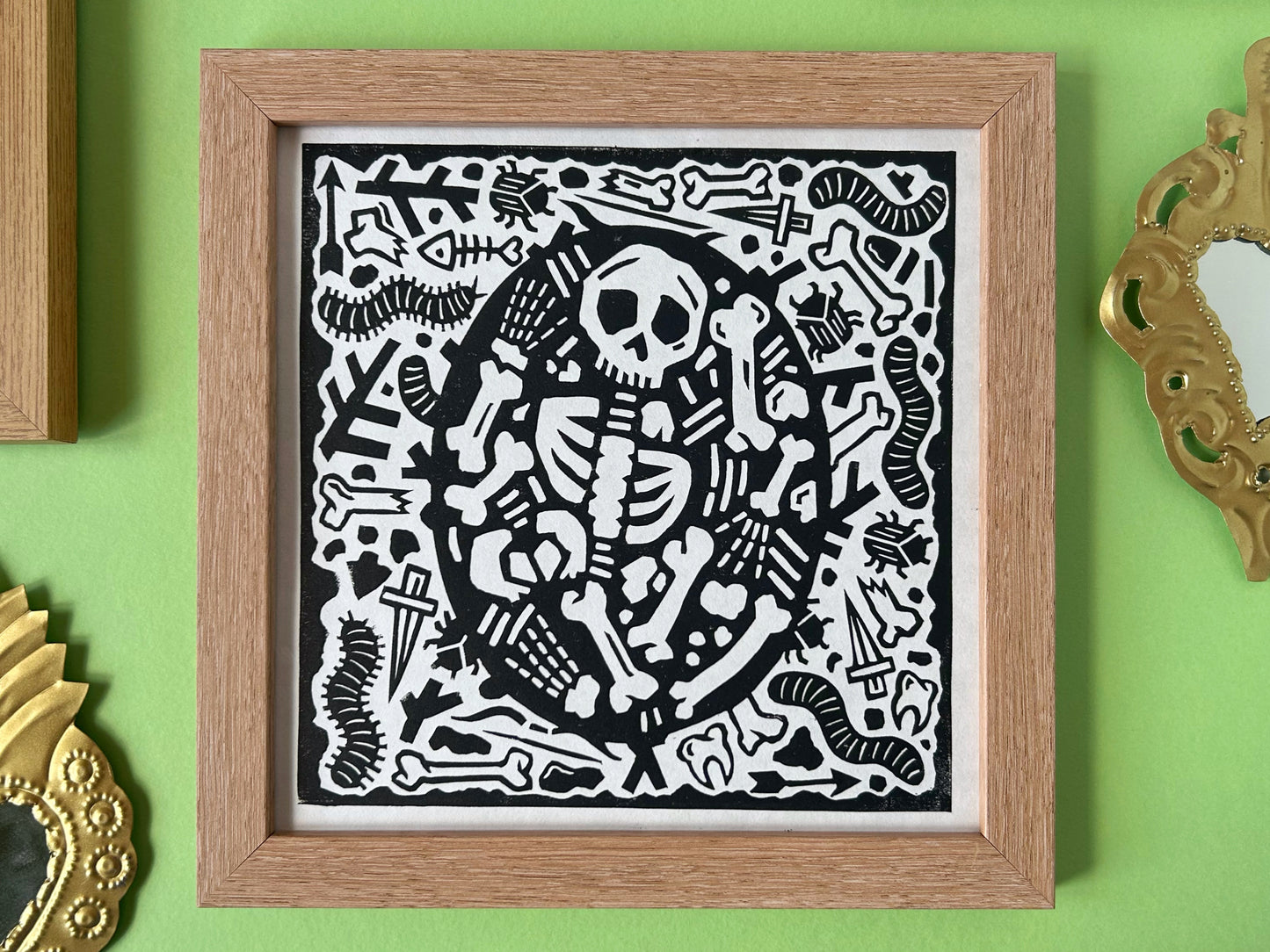 Skeleton Lino Cut Print