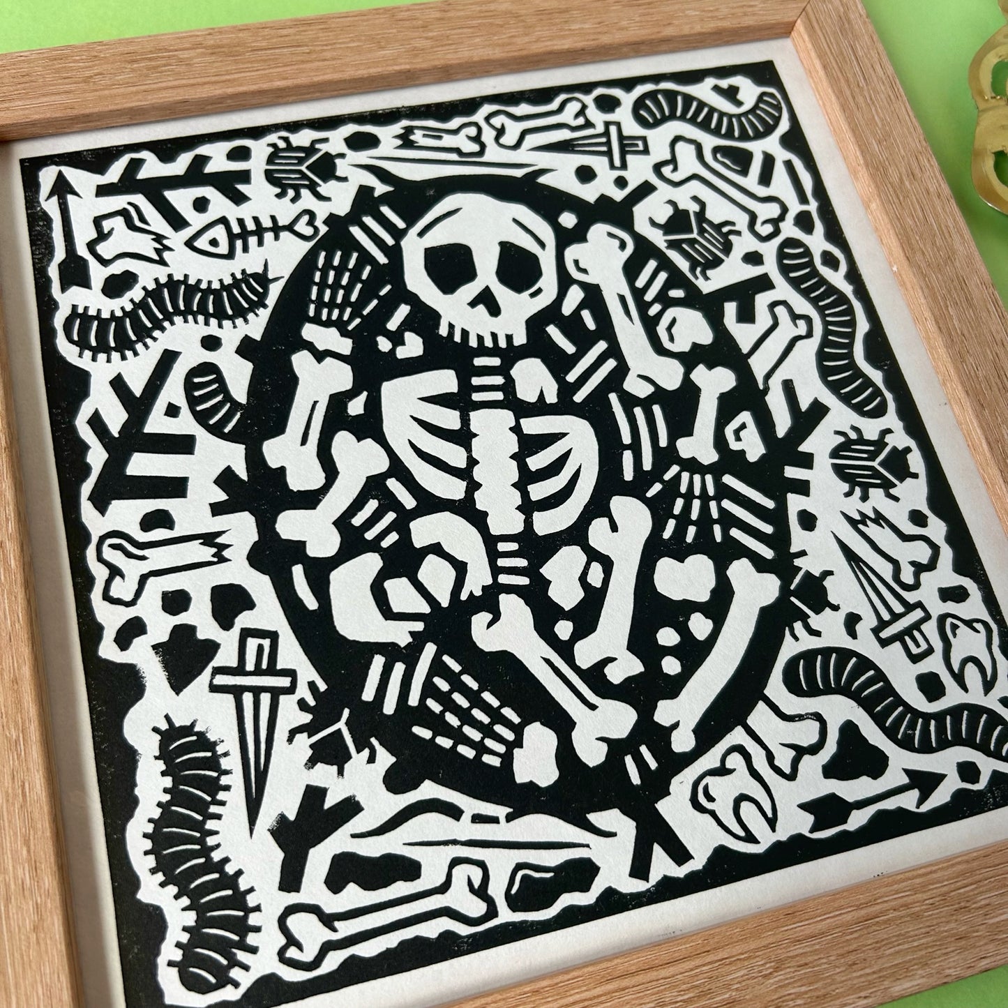 Skeleton Lino Cut Print