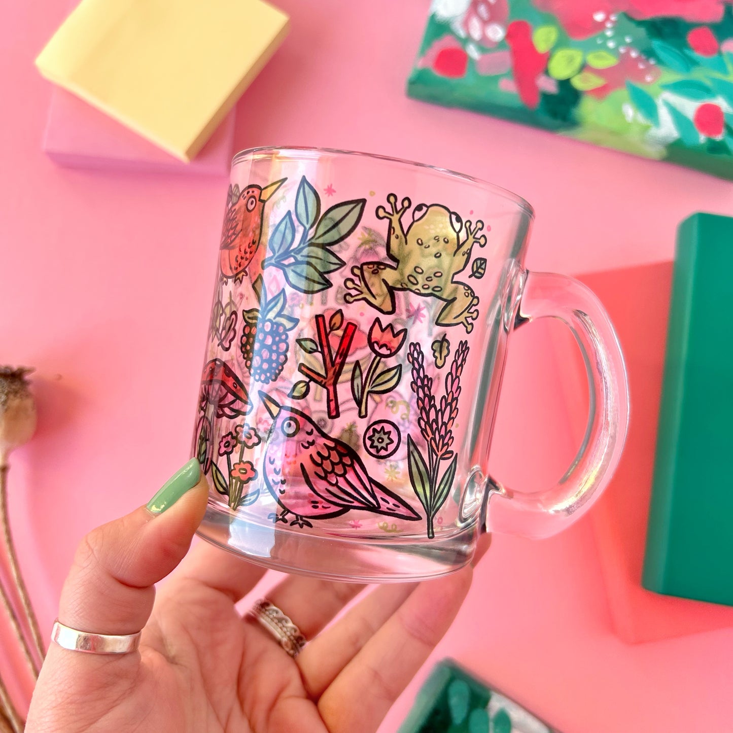 Birds and Frog Glass Mug