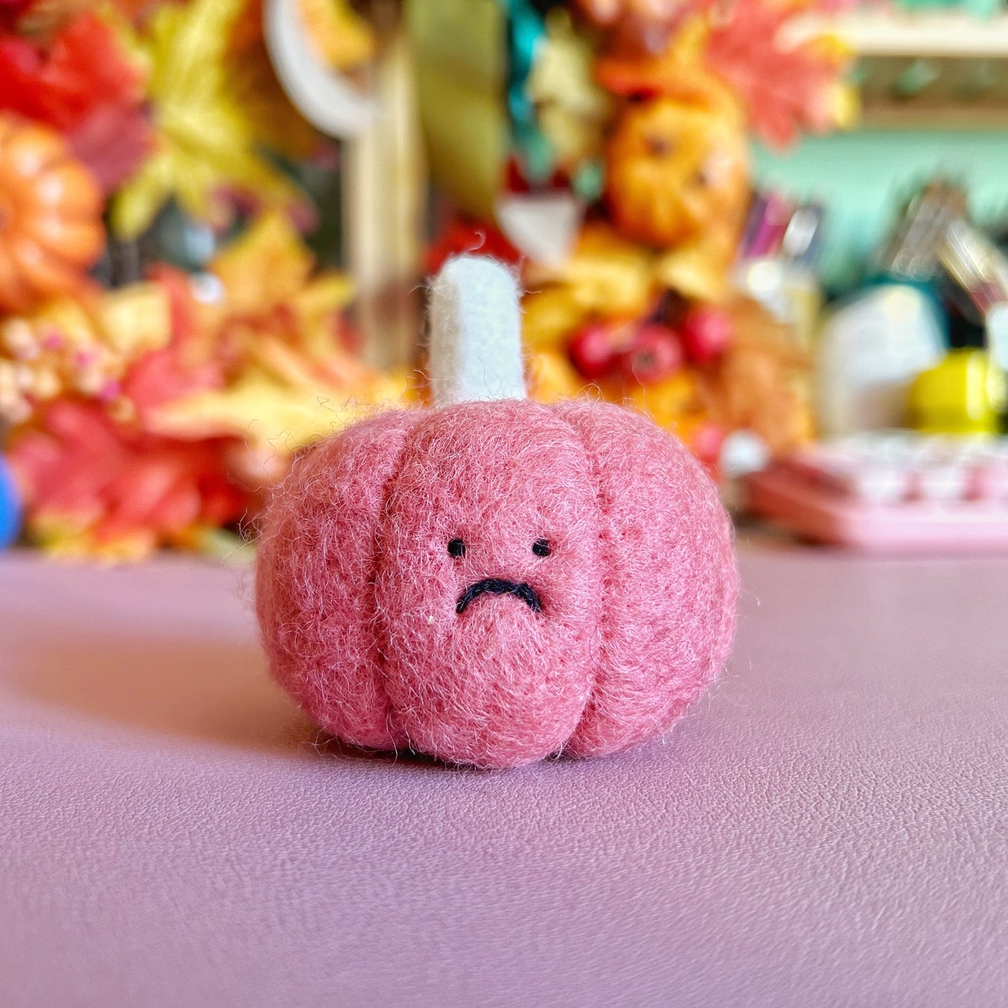 Sad Dark Pink Felt Pumpkin