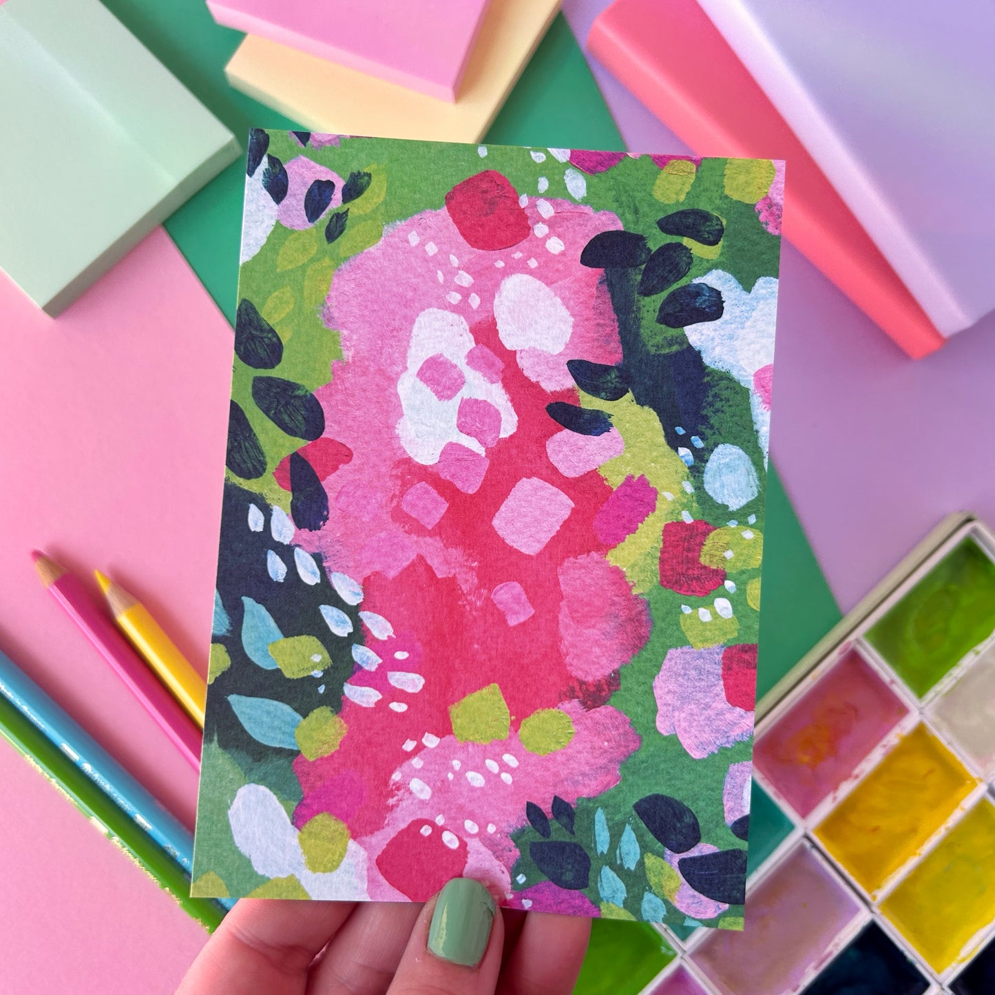 Pink and Green Abstract Postcard