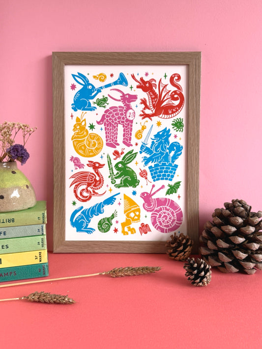 Colourful Medieval Menagerie Print