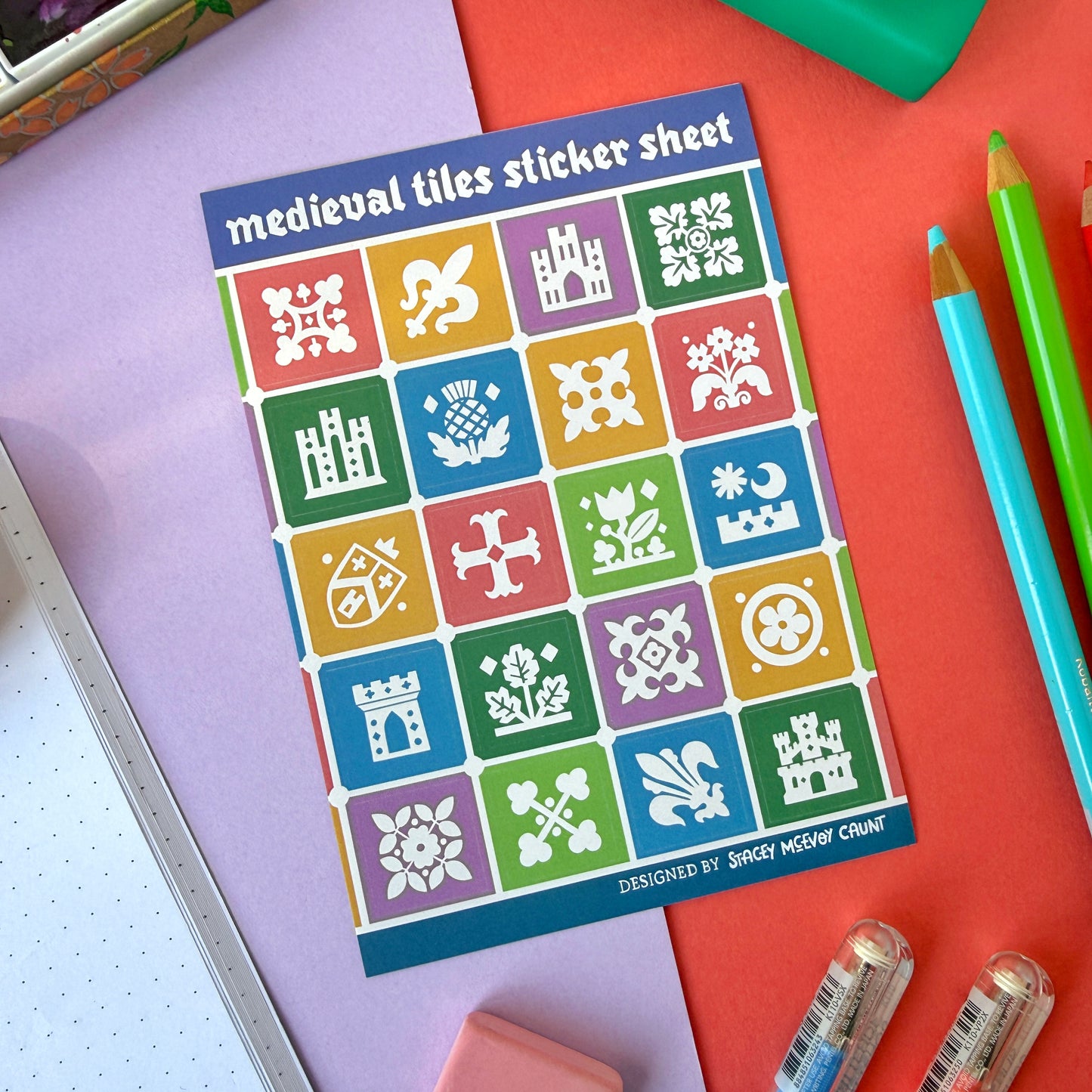 Medieval Tiles A6 Vinyl Sticker Sheet - Autumn Colours