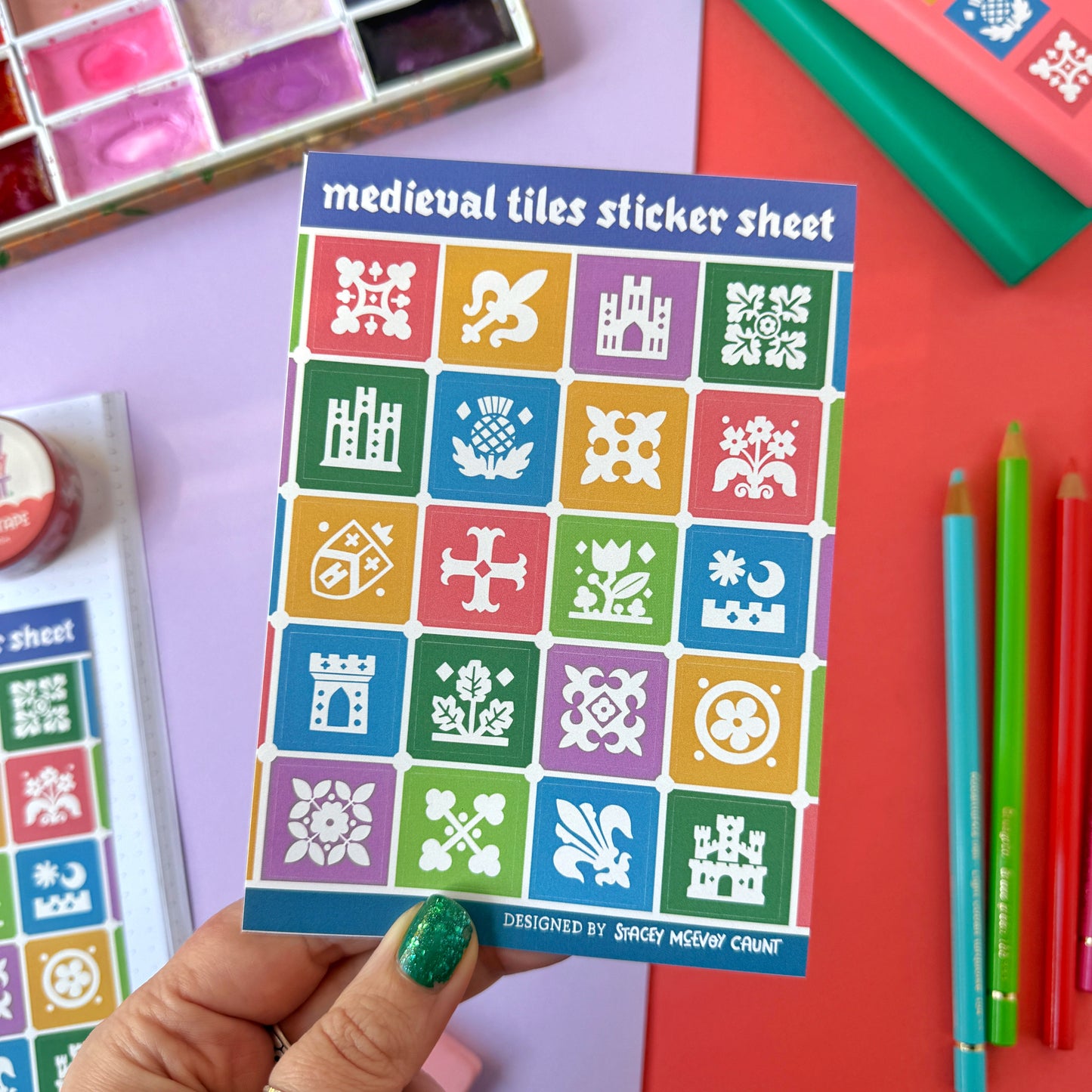 Medieval Tiles A6 Vinyl Sticker Sheet - Autumn Colours