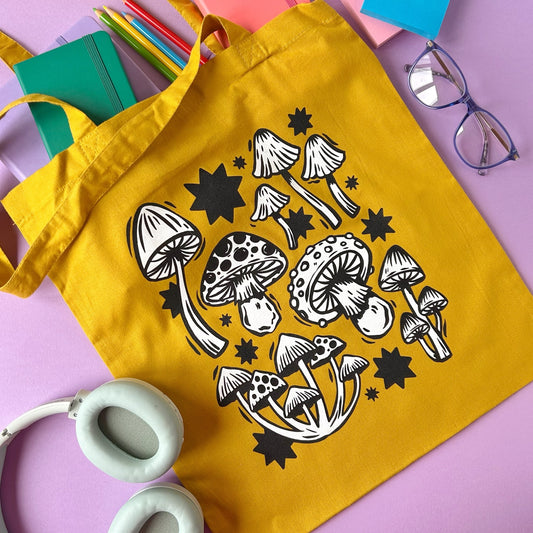 Mustard Yellow Mushroom Tote Bag