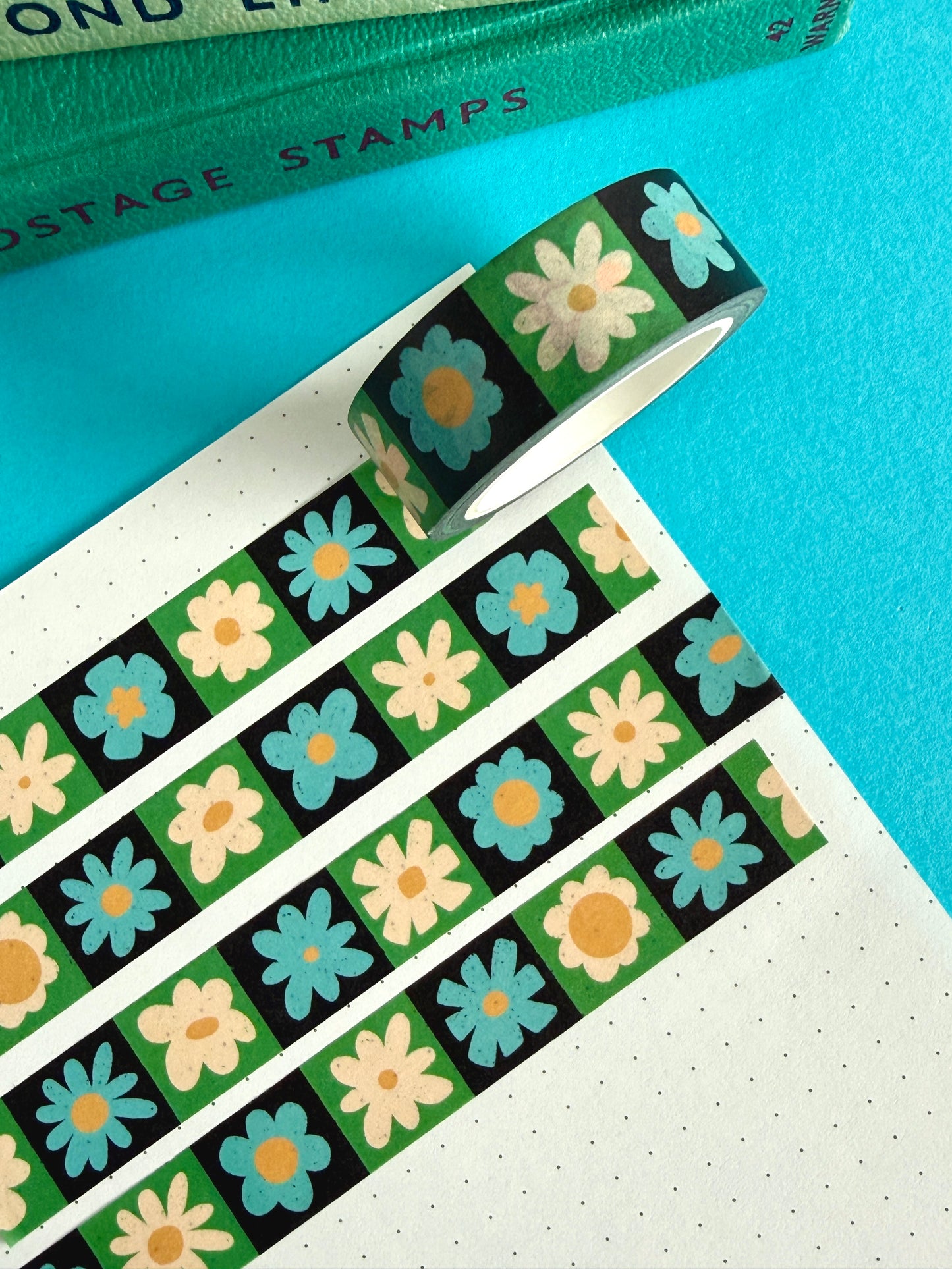 Blue and White Flower Grid Washi Tape