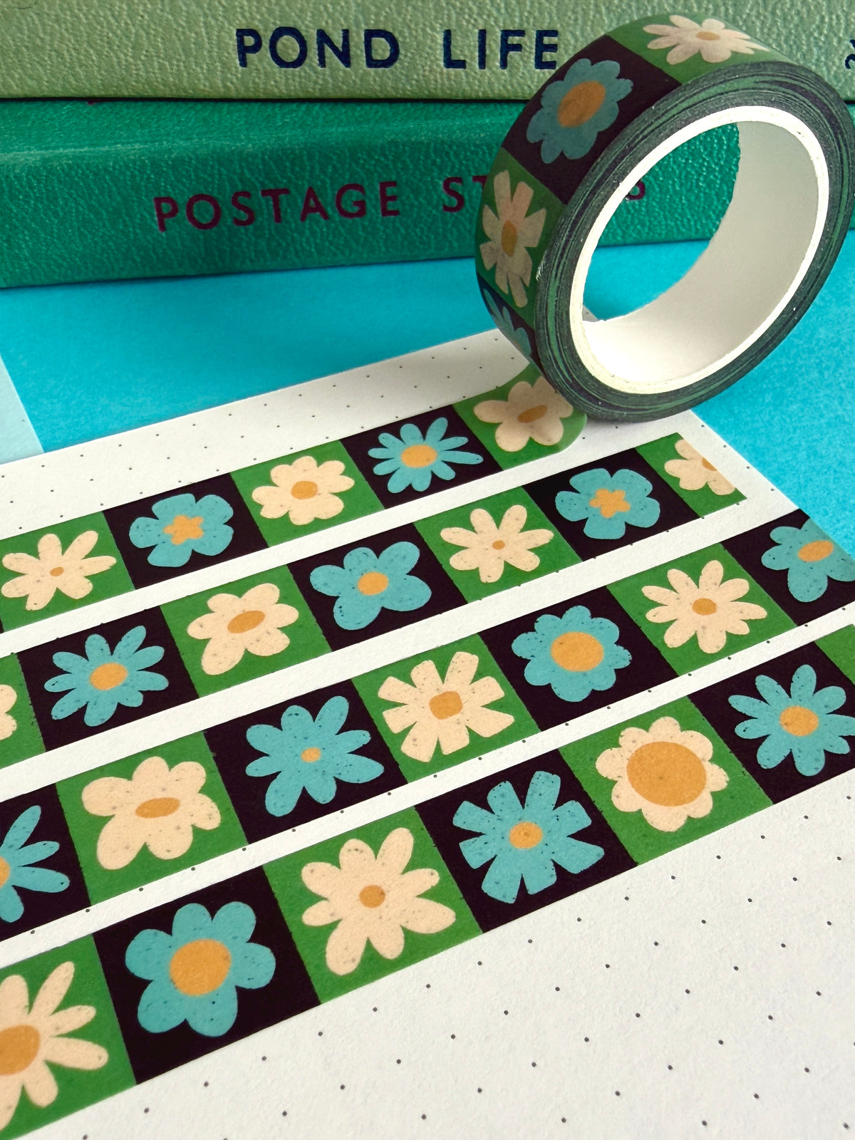 Blue and White Flower Grid Washi Tape