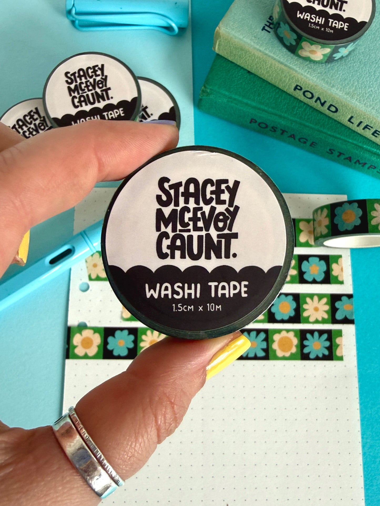 Blue and White Flower Grid Washi Tape