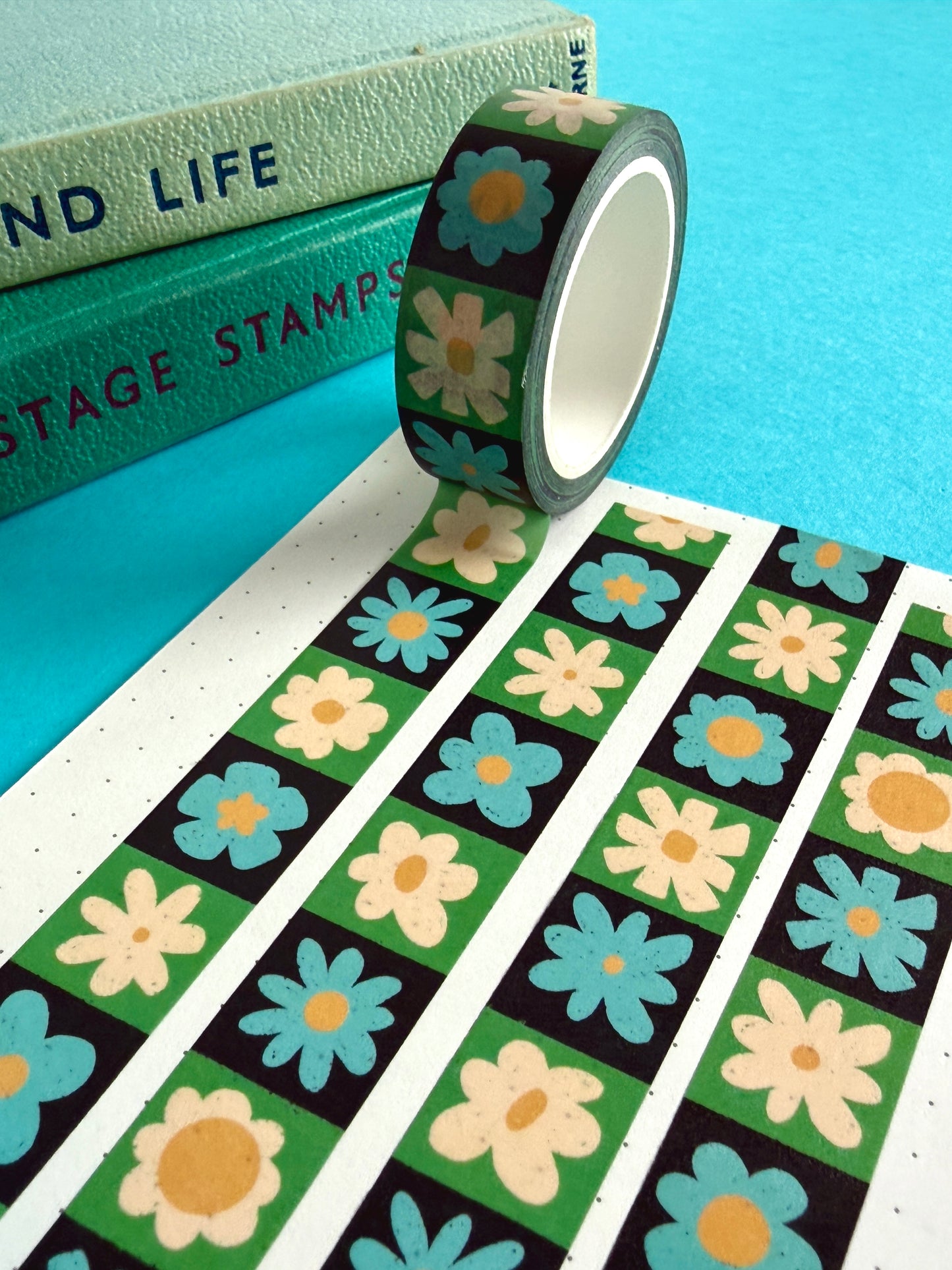 Blue and White Flower Grid Washi Tape