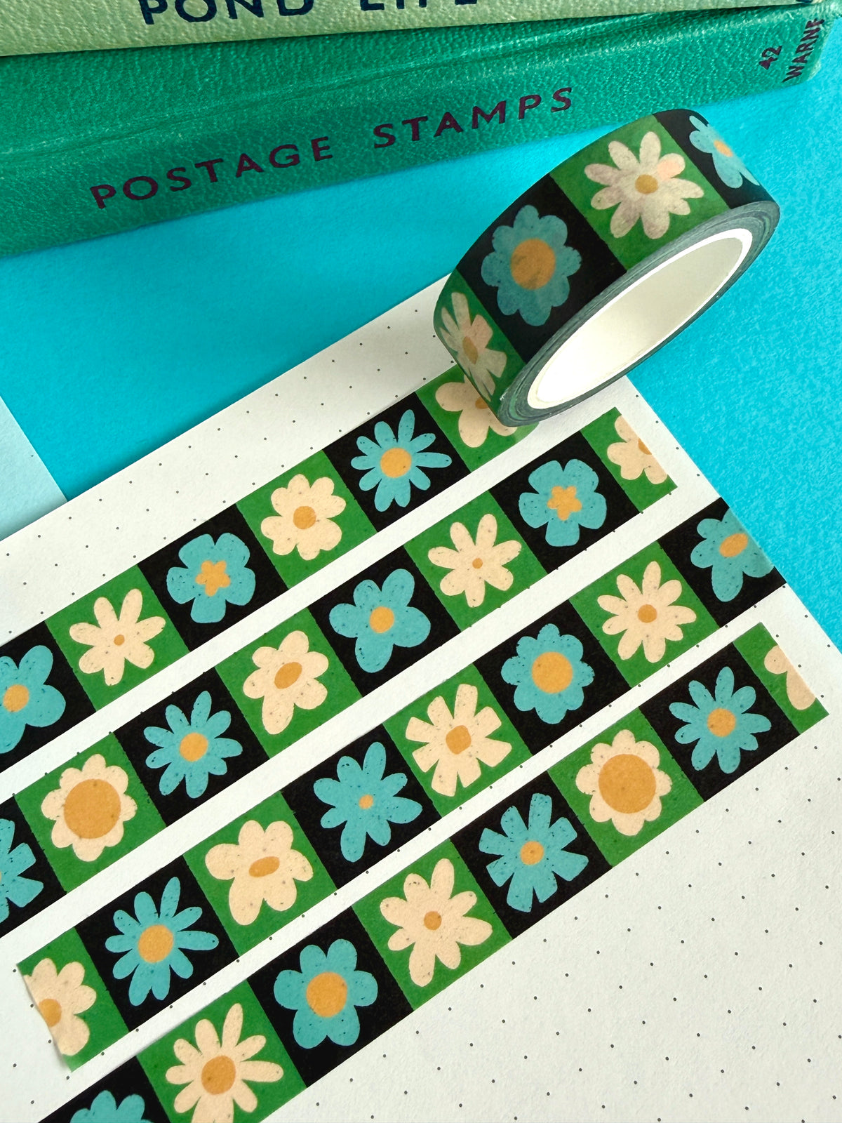 Blue and White Flower Grid Washi Tape