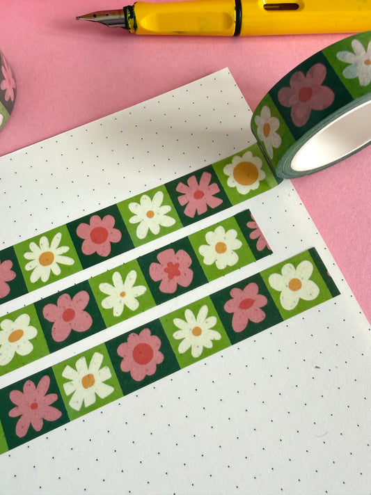 Pink and Green Flower Grid Washi Tape