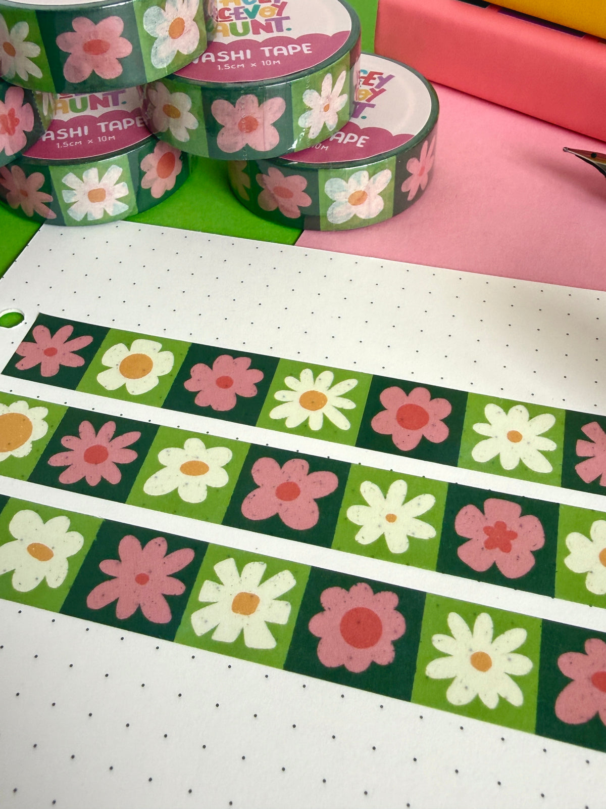 Pink and Green Flower Grid Washi Tape