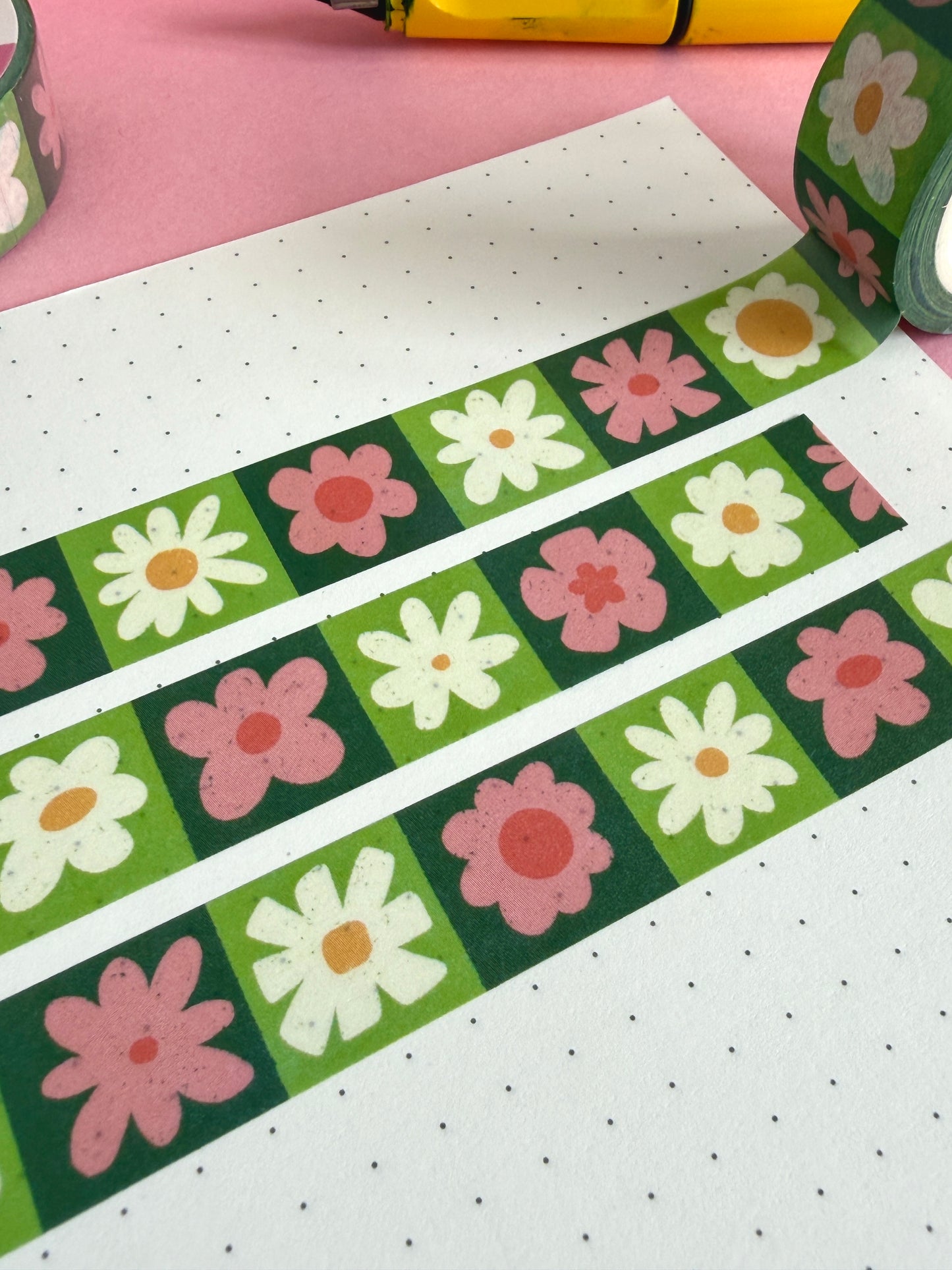 Pink and Green Flower Grid Washi Tape