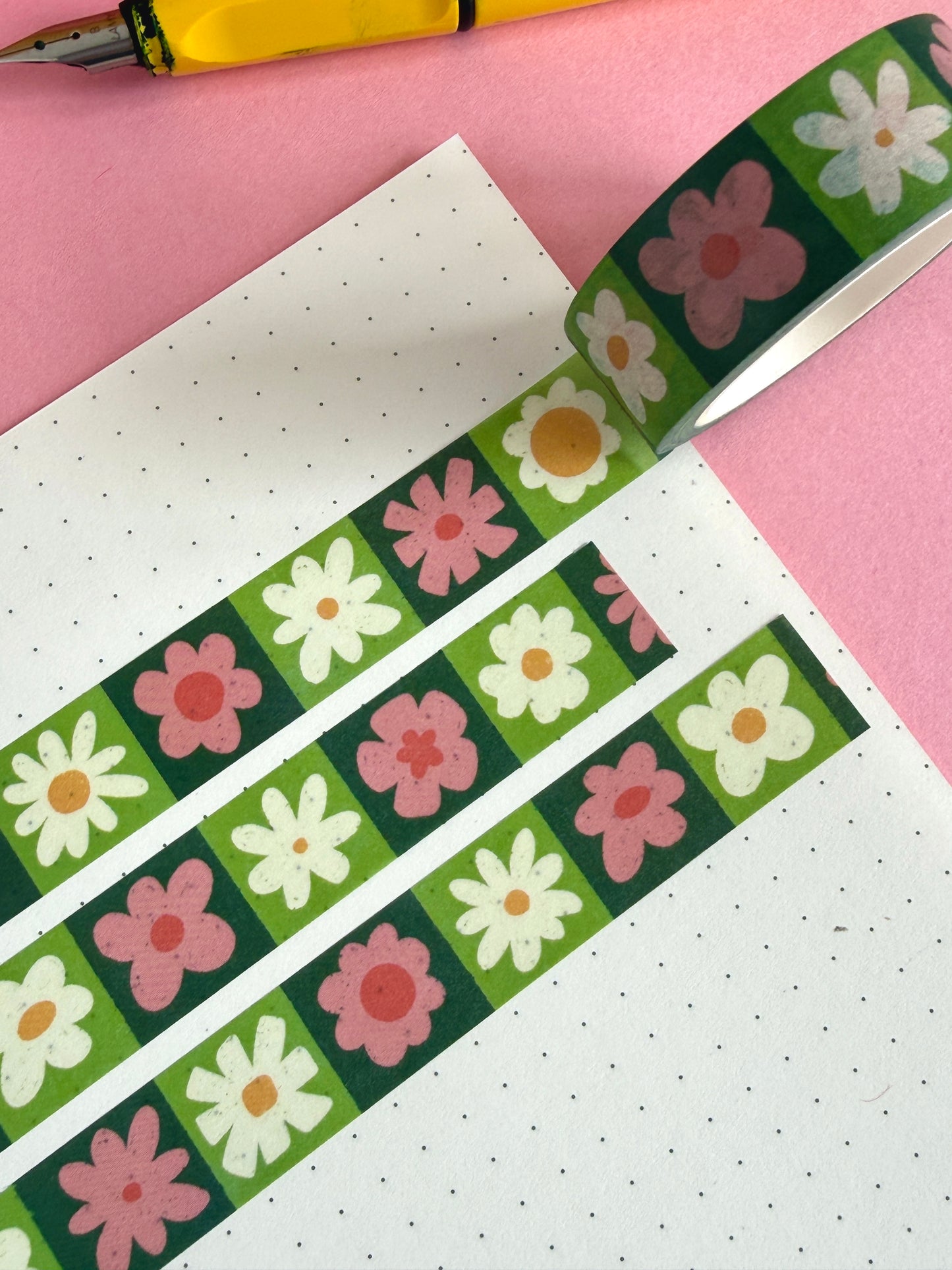 Pink and Green Flower Grid Washi Tape