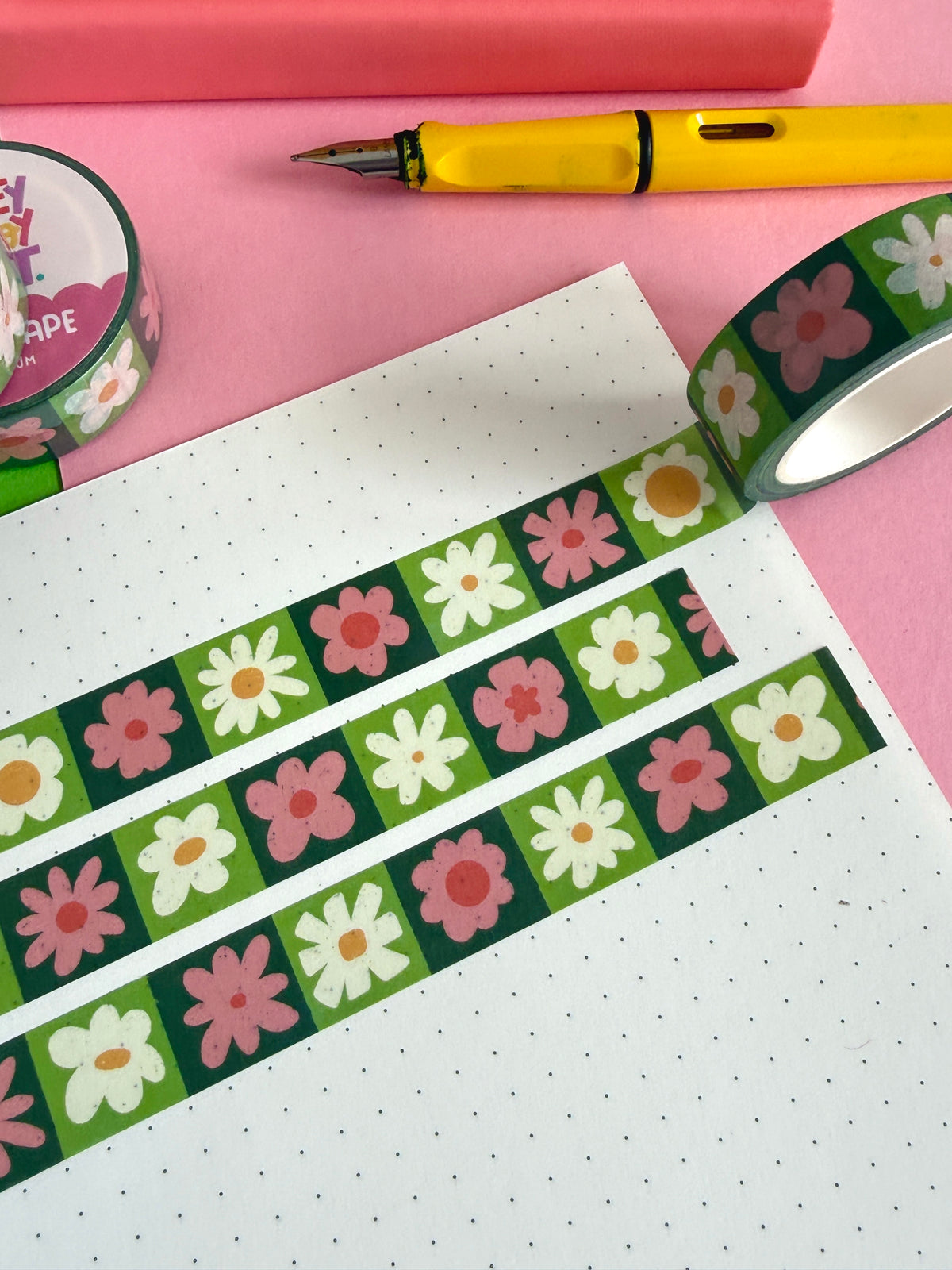 Pink and Green Flower Grid Washi Tape