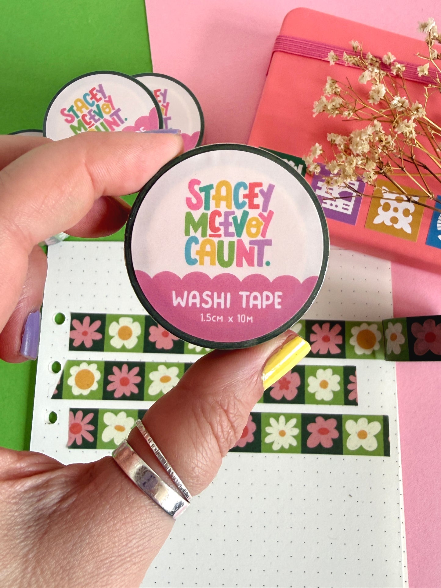 Pink and Green Flower Grid Washi Tape